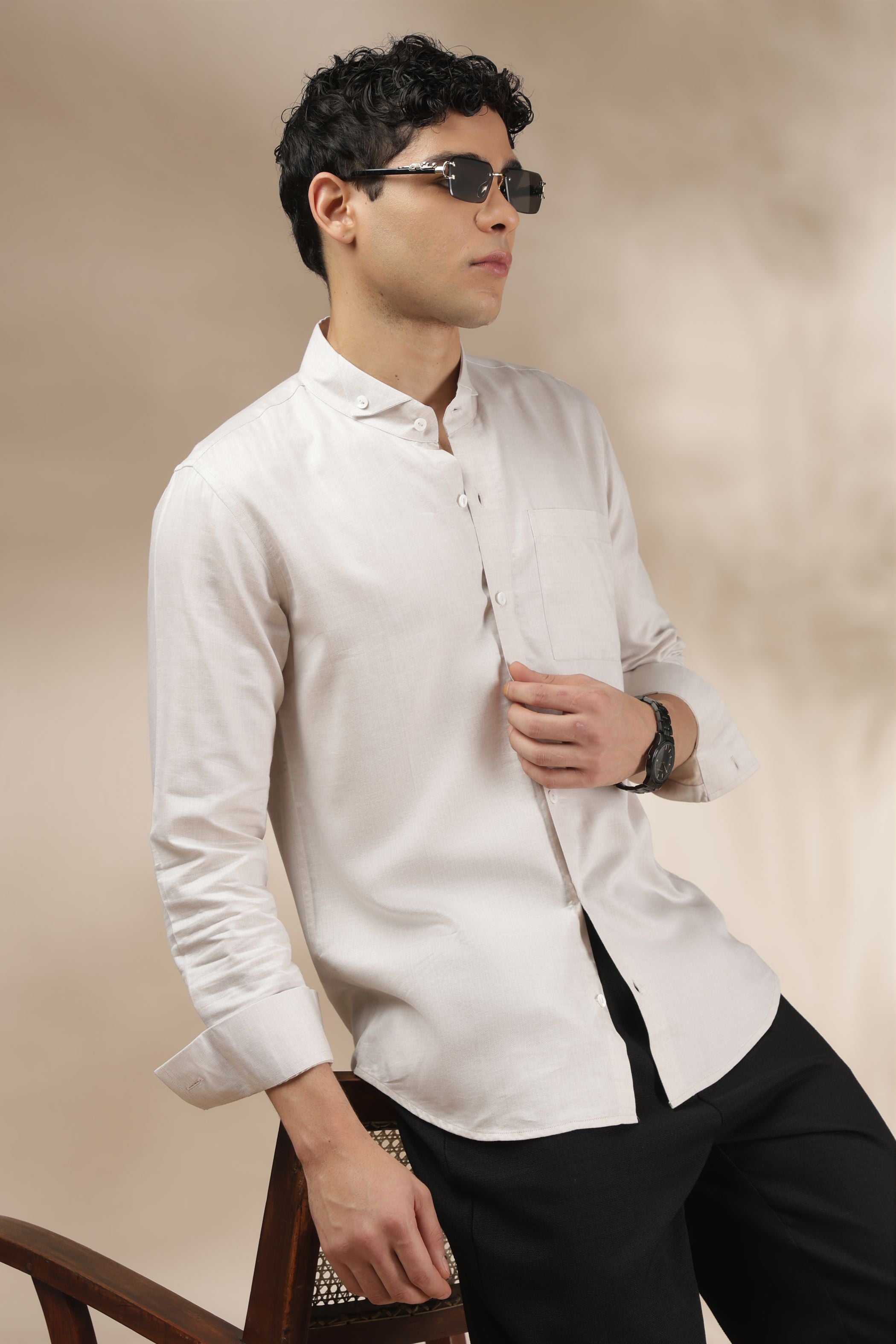 Light Beige Band Collar Relax Fit Shirt