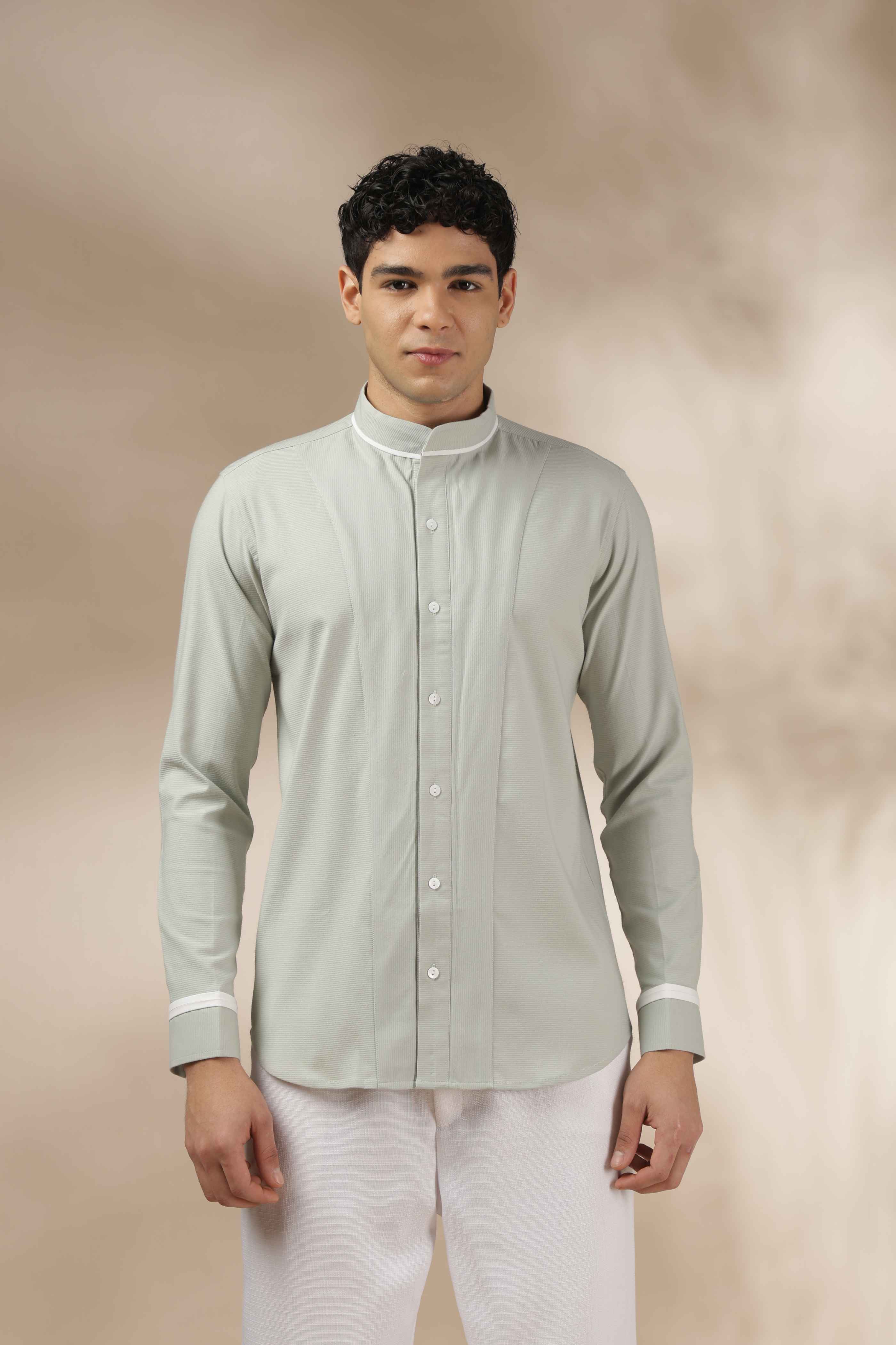 Pastel Green Band Collar Shirt