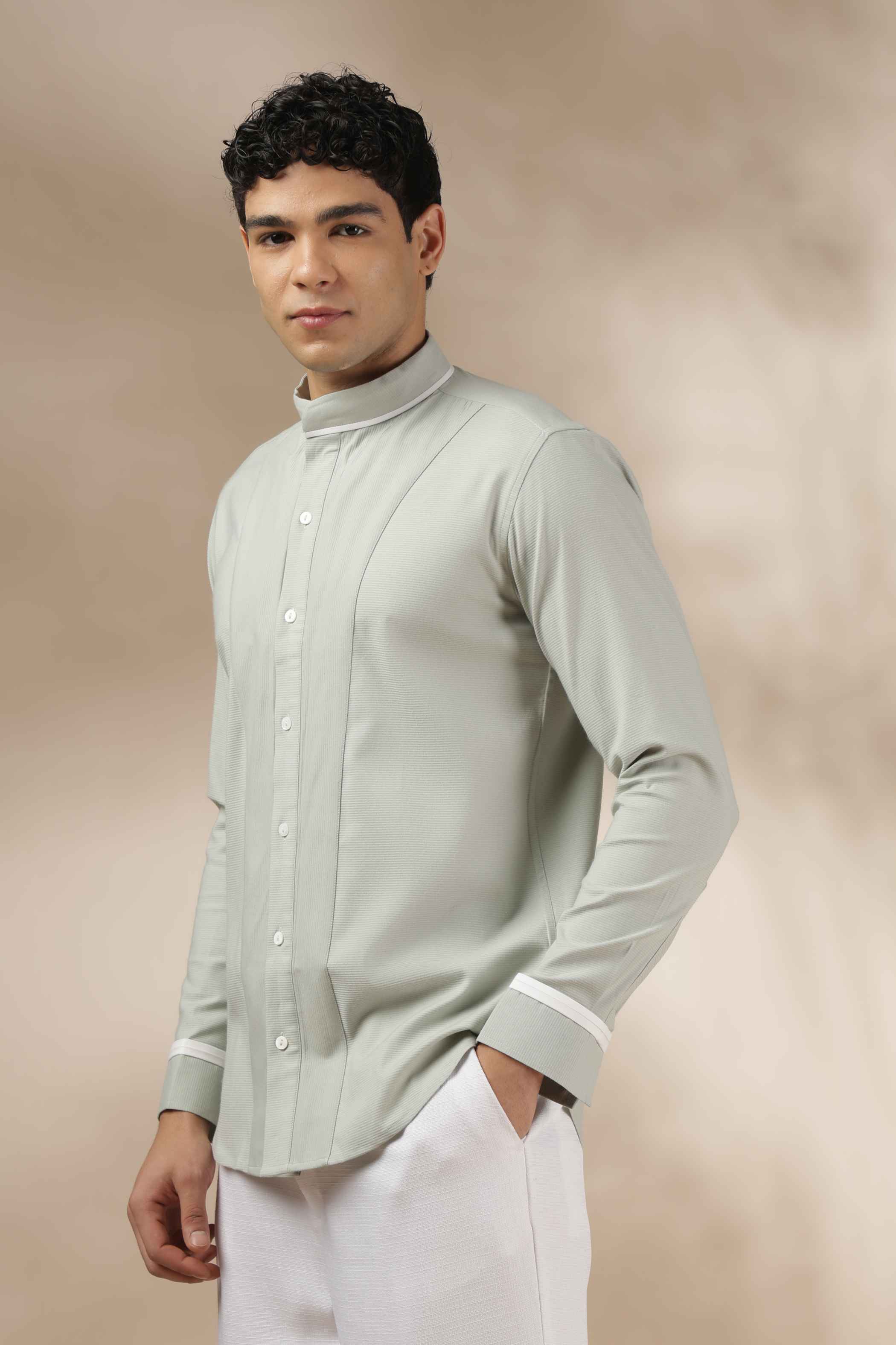Pastel Green Band Collar Shirt