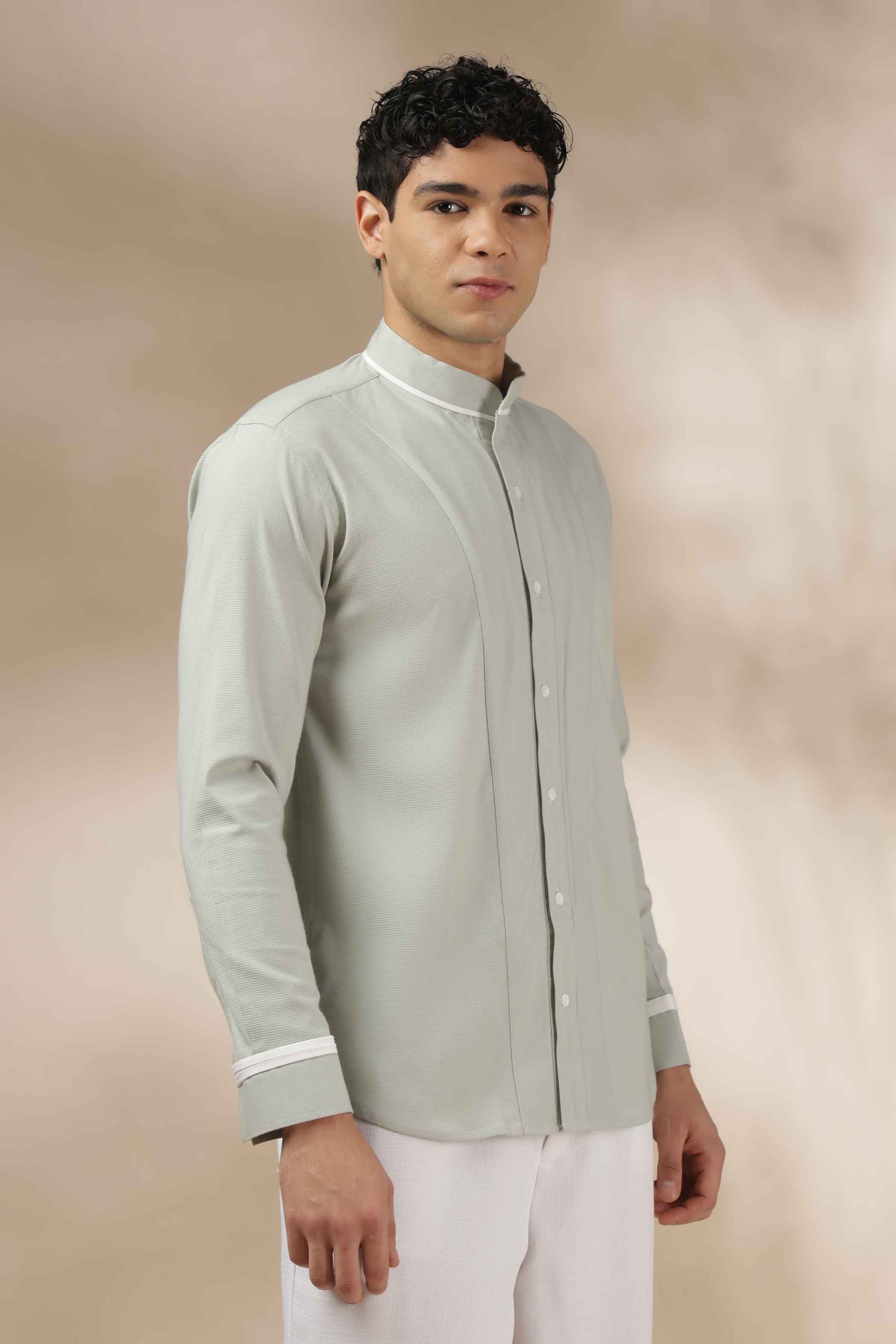 Pastel Green Band Collar Shirt