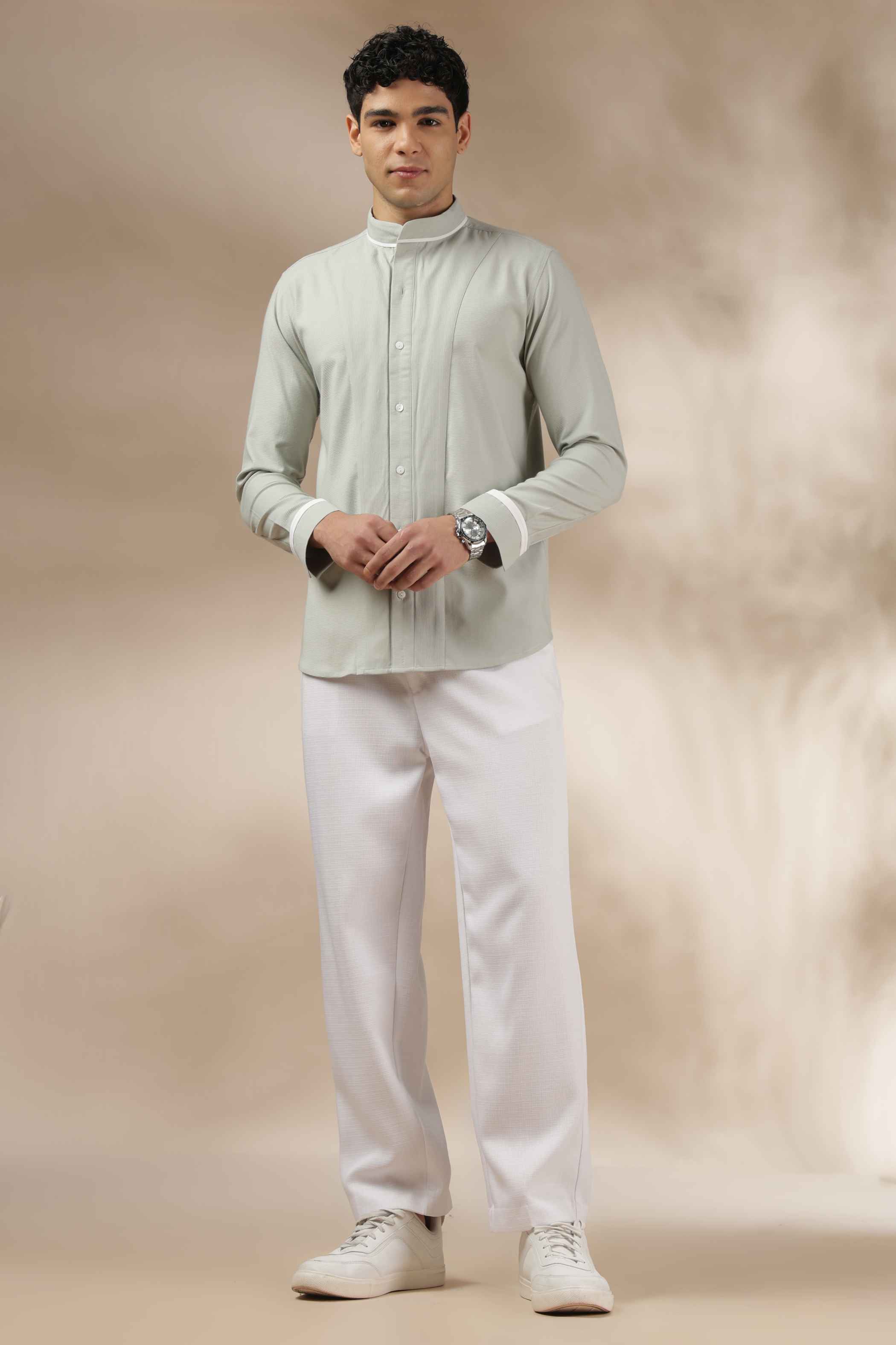 Pastel Green Band Collar Shirt
