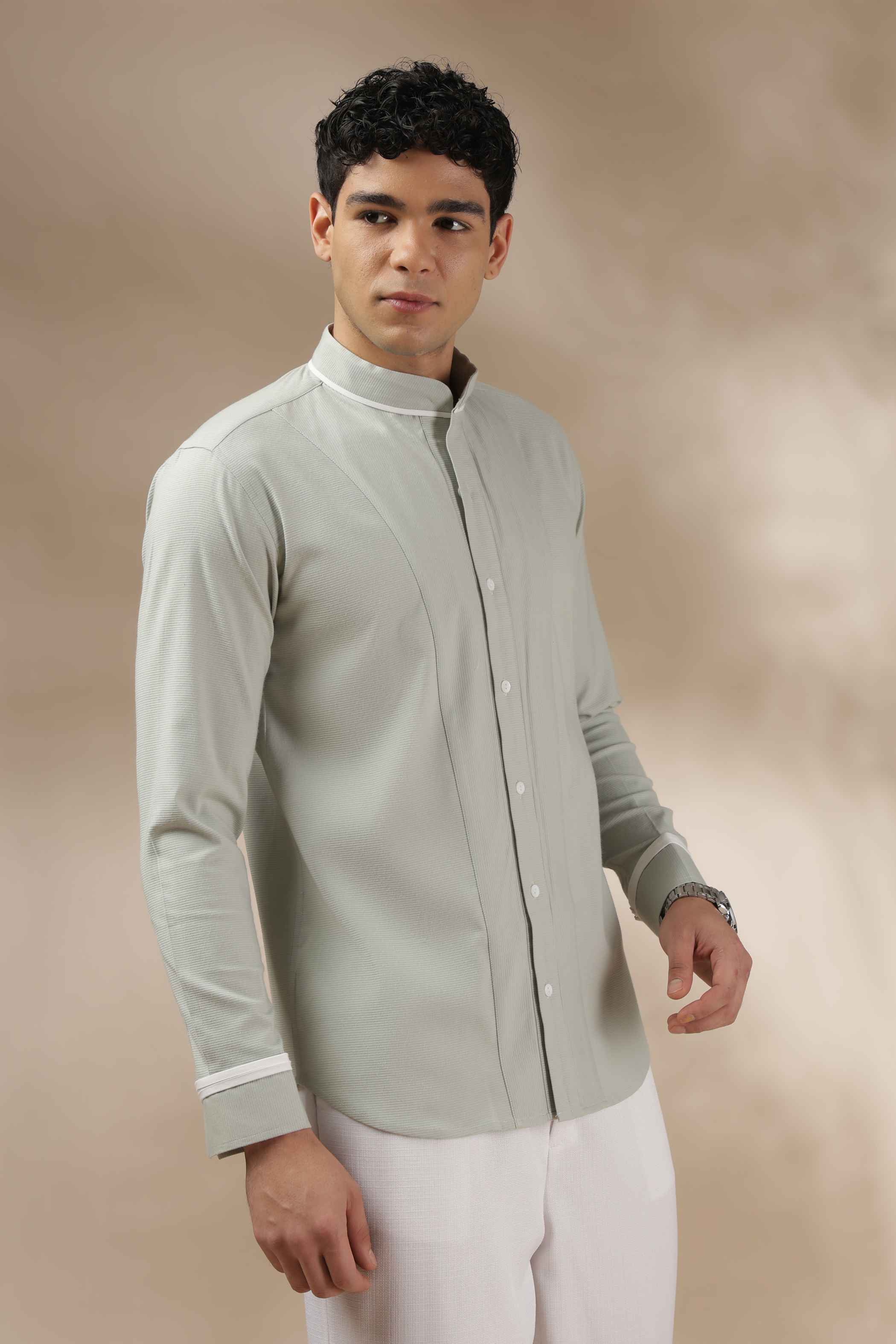 Pastel Green Band Collar Shirt