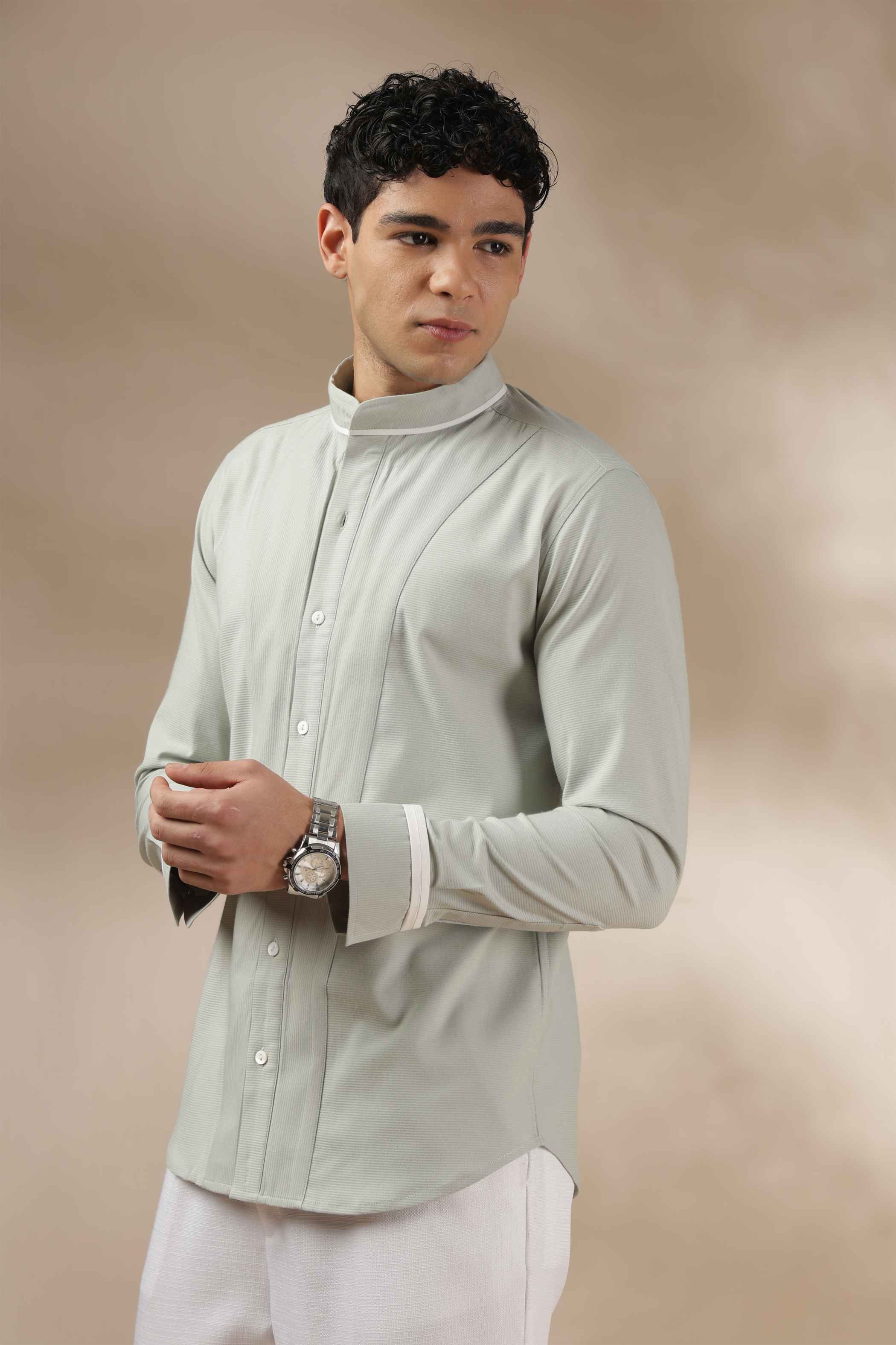 Pastel Green Band Collar Shirt