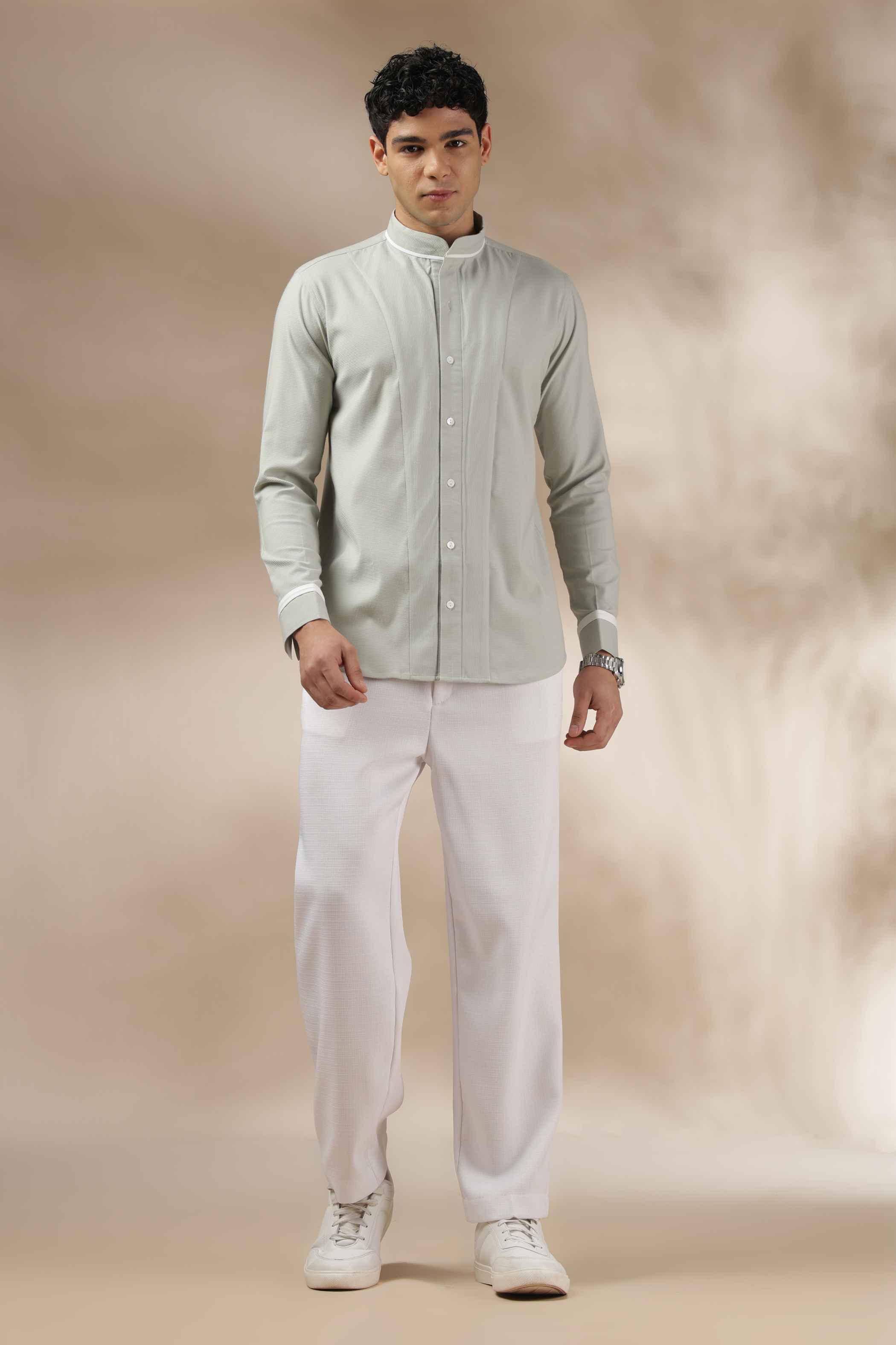 Pastel Green Band Collar Shirt