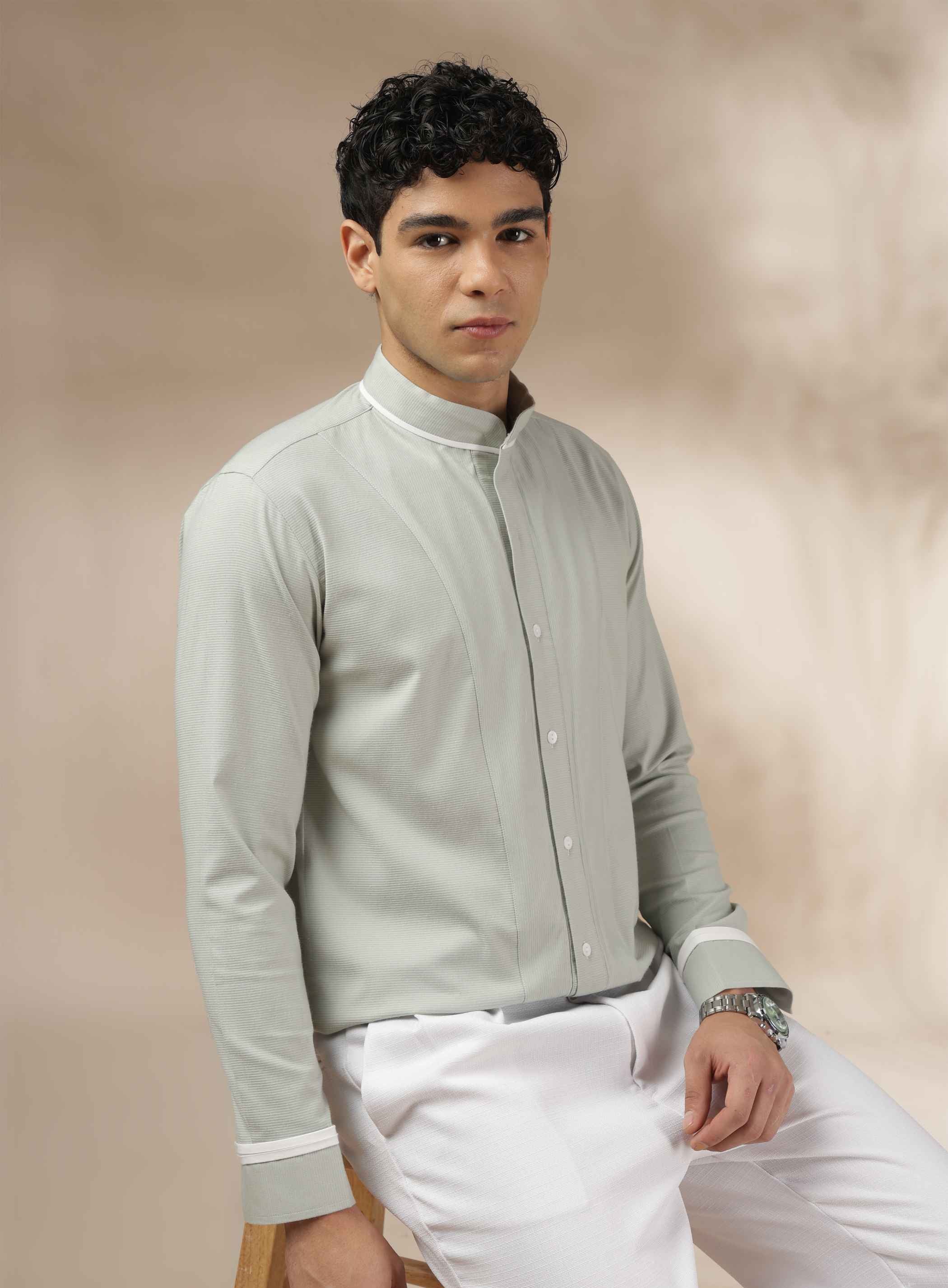 Pastel Green Band Collar Shirt