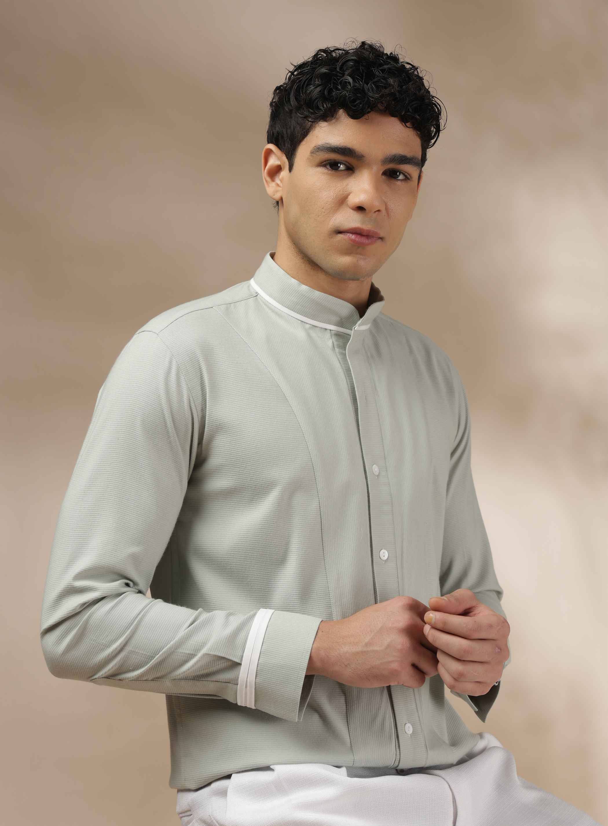 Pastel Green Band Collar Shirt