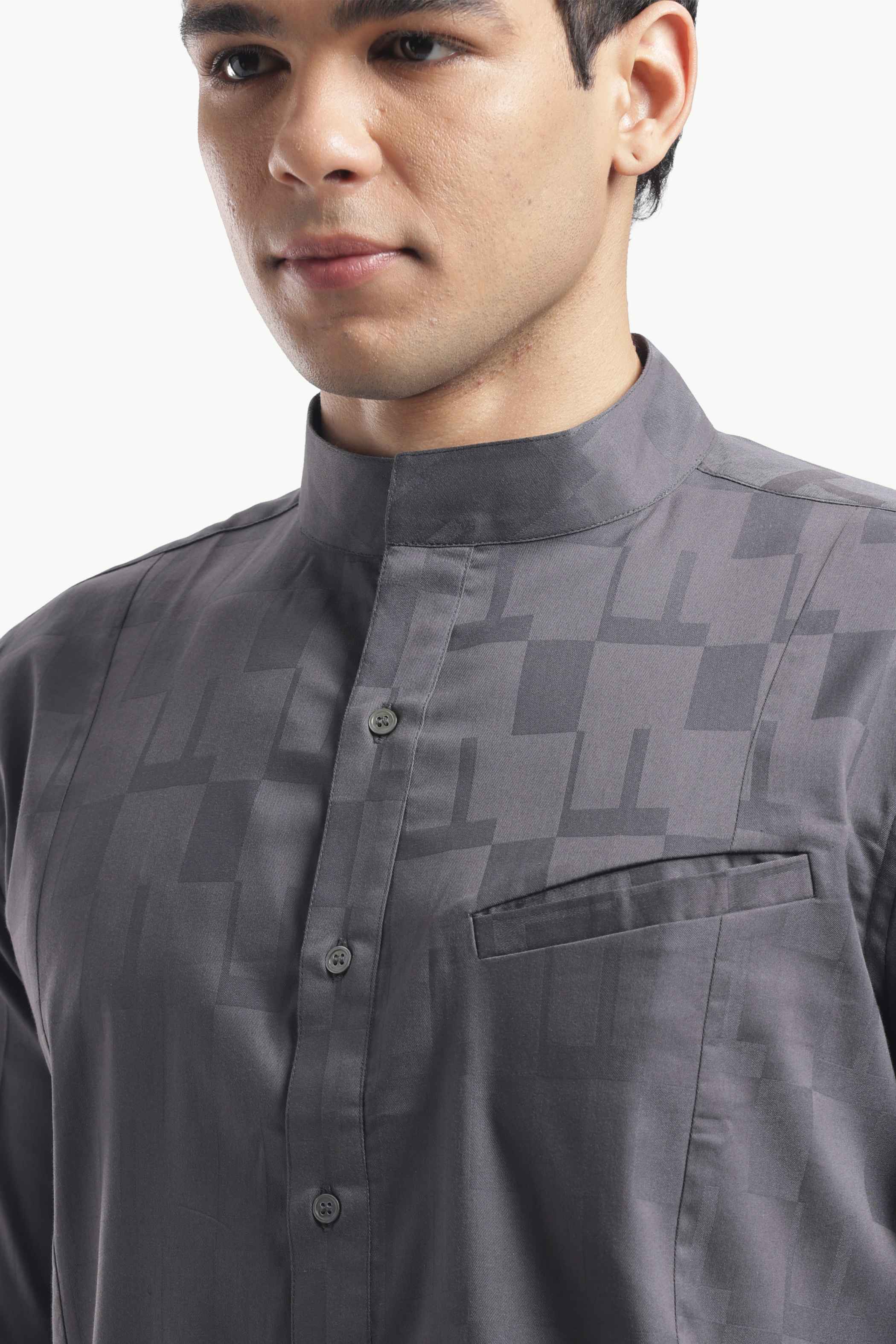 Dark Grey Band Collar Shirt