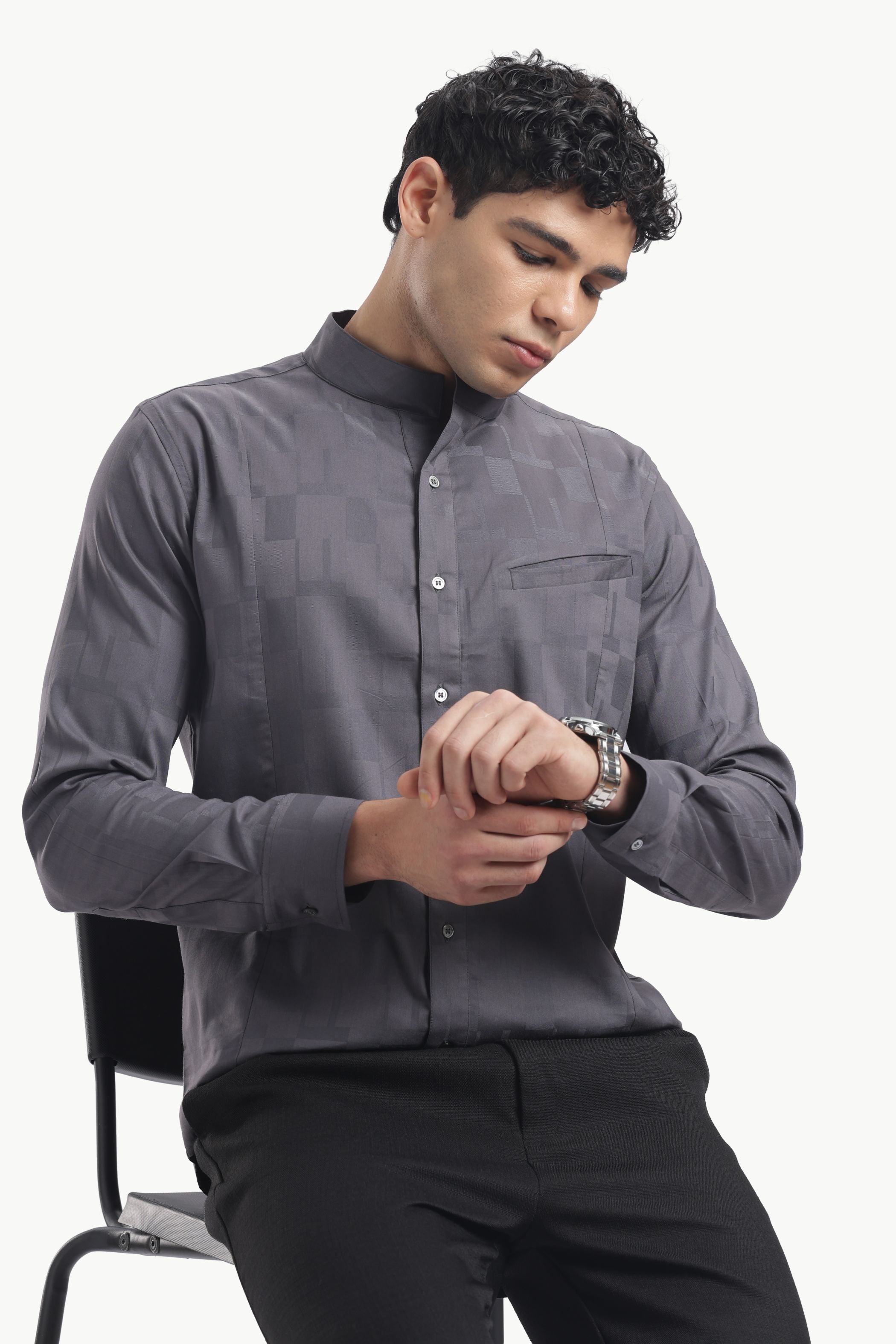 Dark Grey Band Collar Shirt
