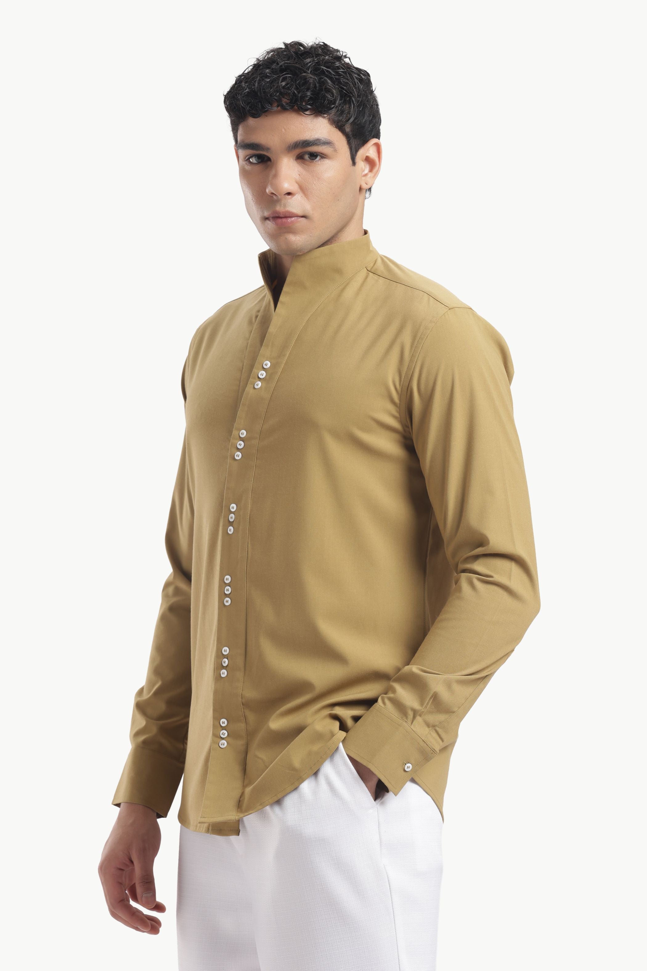Yellow Ochre Muscle Fit High Neck Shirt