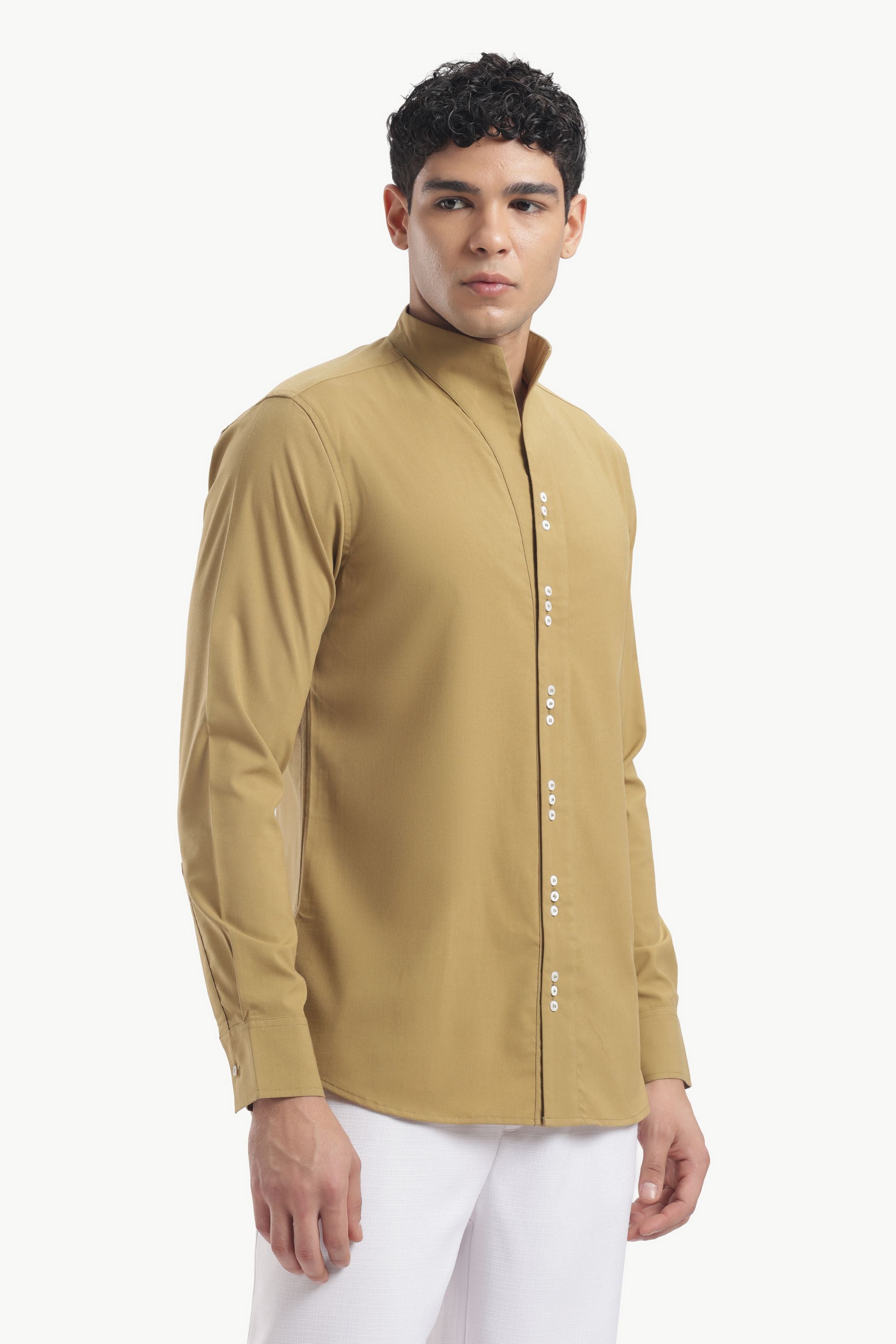 Yellow Ochre Muscle Fit High Neck Shirt