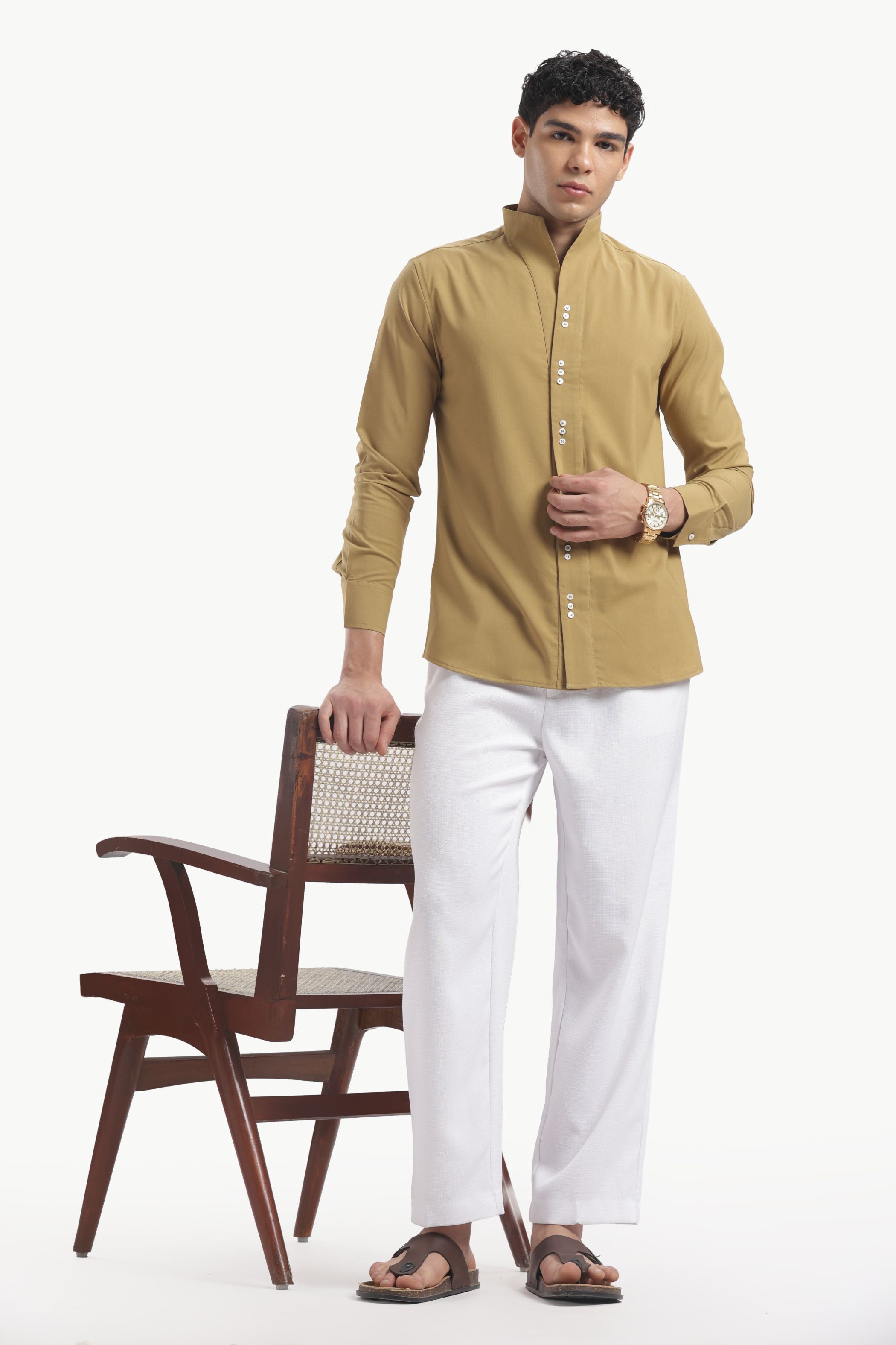 Yellow Ochre Muscle Fit High Neck Shirt