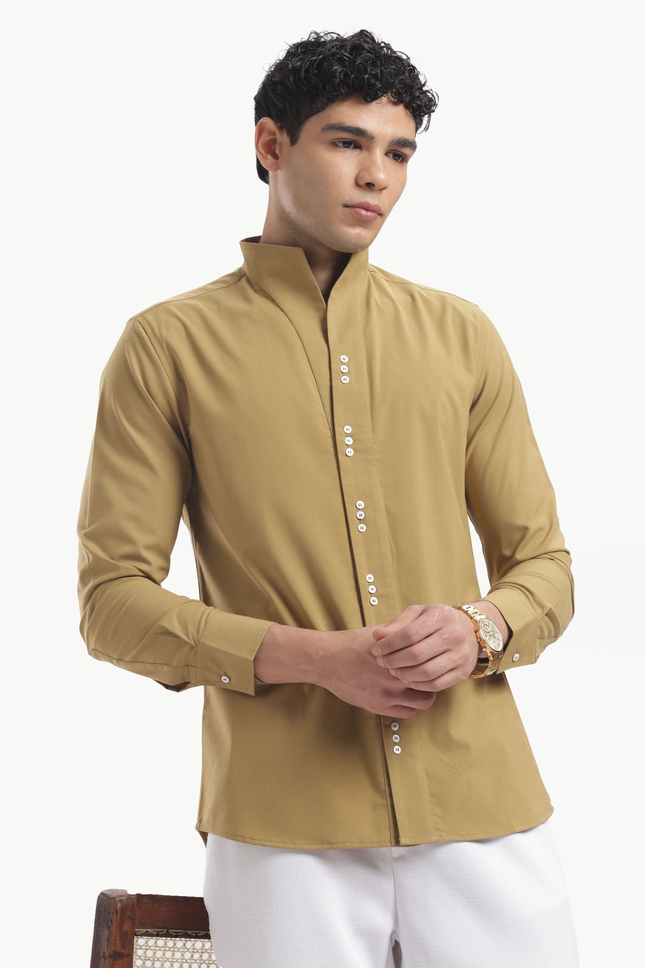 Yellow Ochre Muscle Fit High Neck Shirt