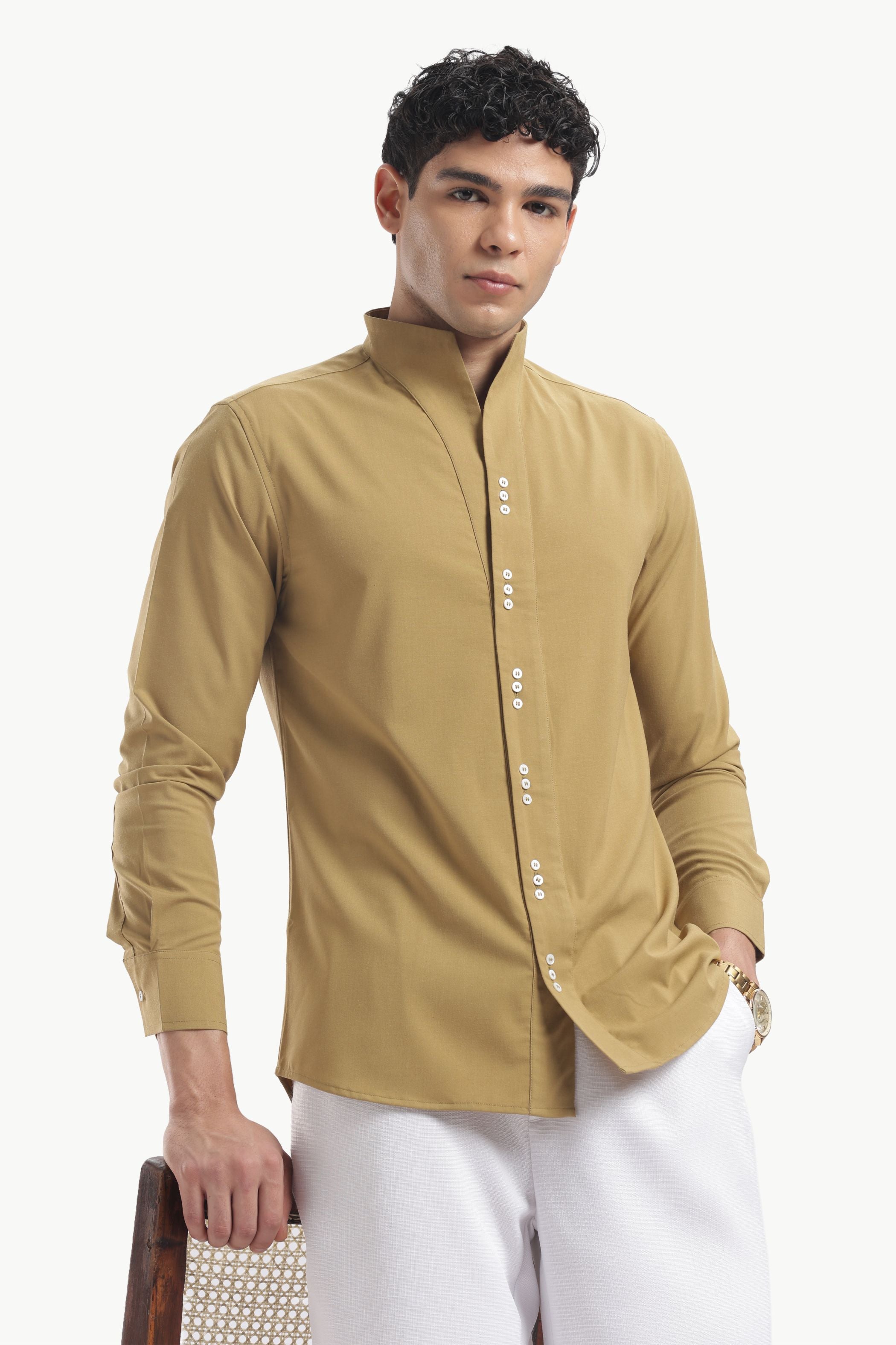 Yellow Ochre Muscle Fit High Neck Shirt