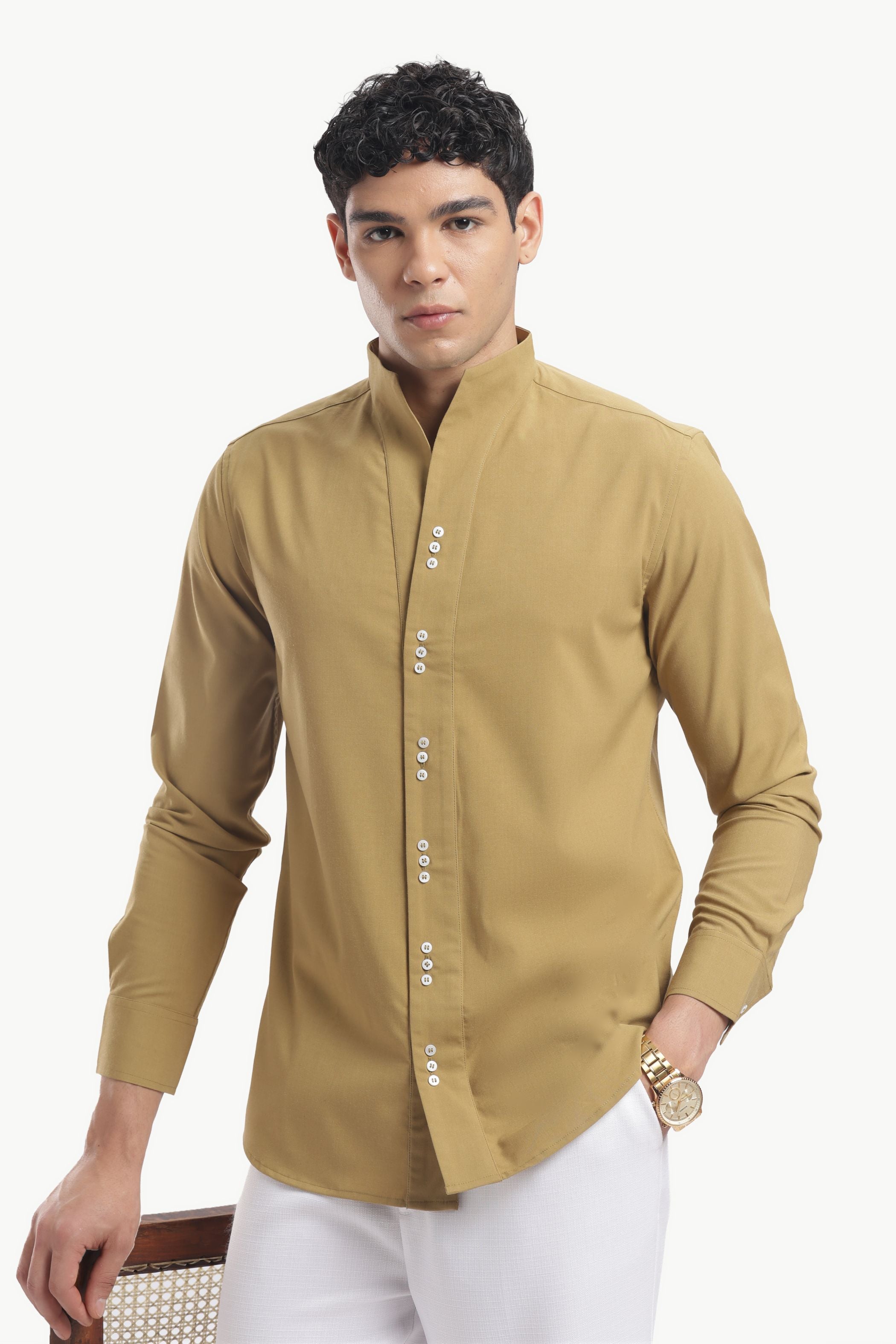 Yellow Ochre Muscle Fit High Neck Shirt