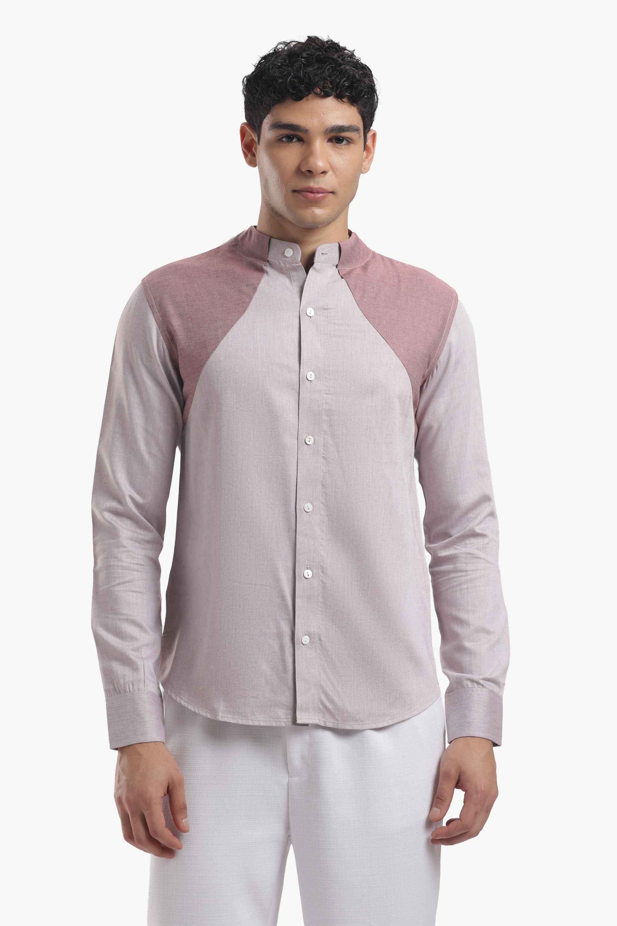 Muted Taupe Color Block Band Collar Shirt