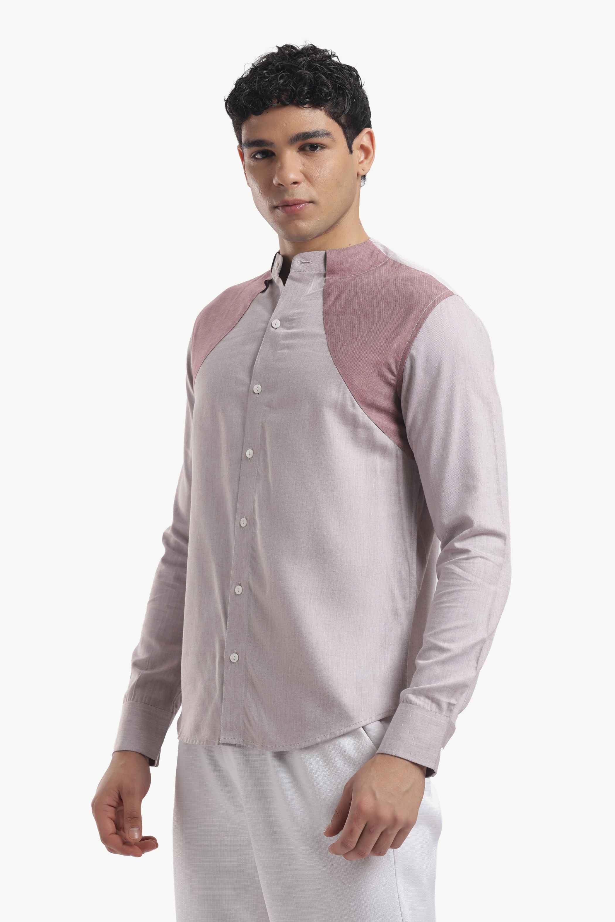 Muted Taupe Color Block Band Collar Shirt