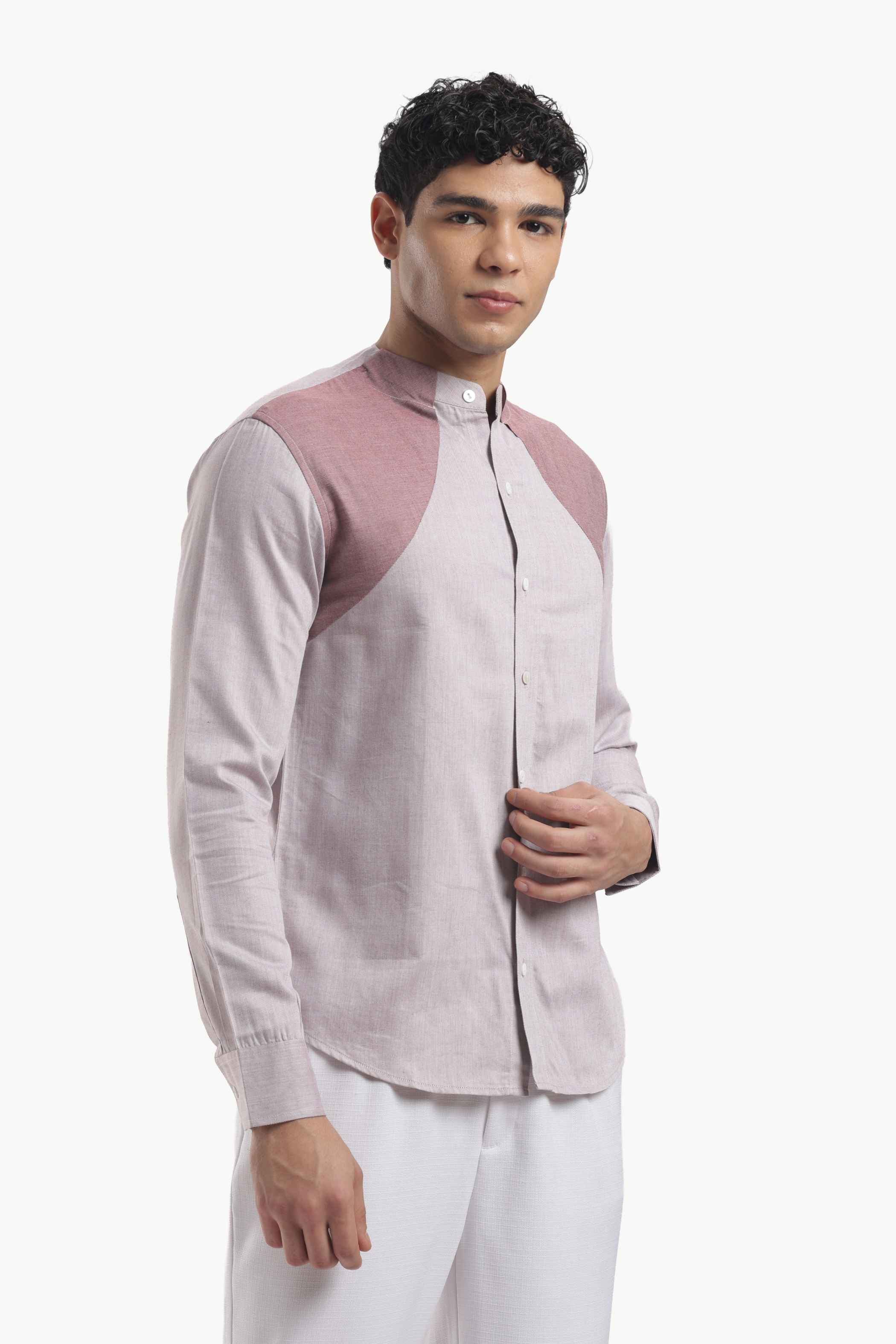 Muted Taupe Color Block Band Collar Shirt