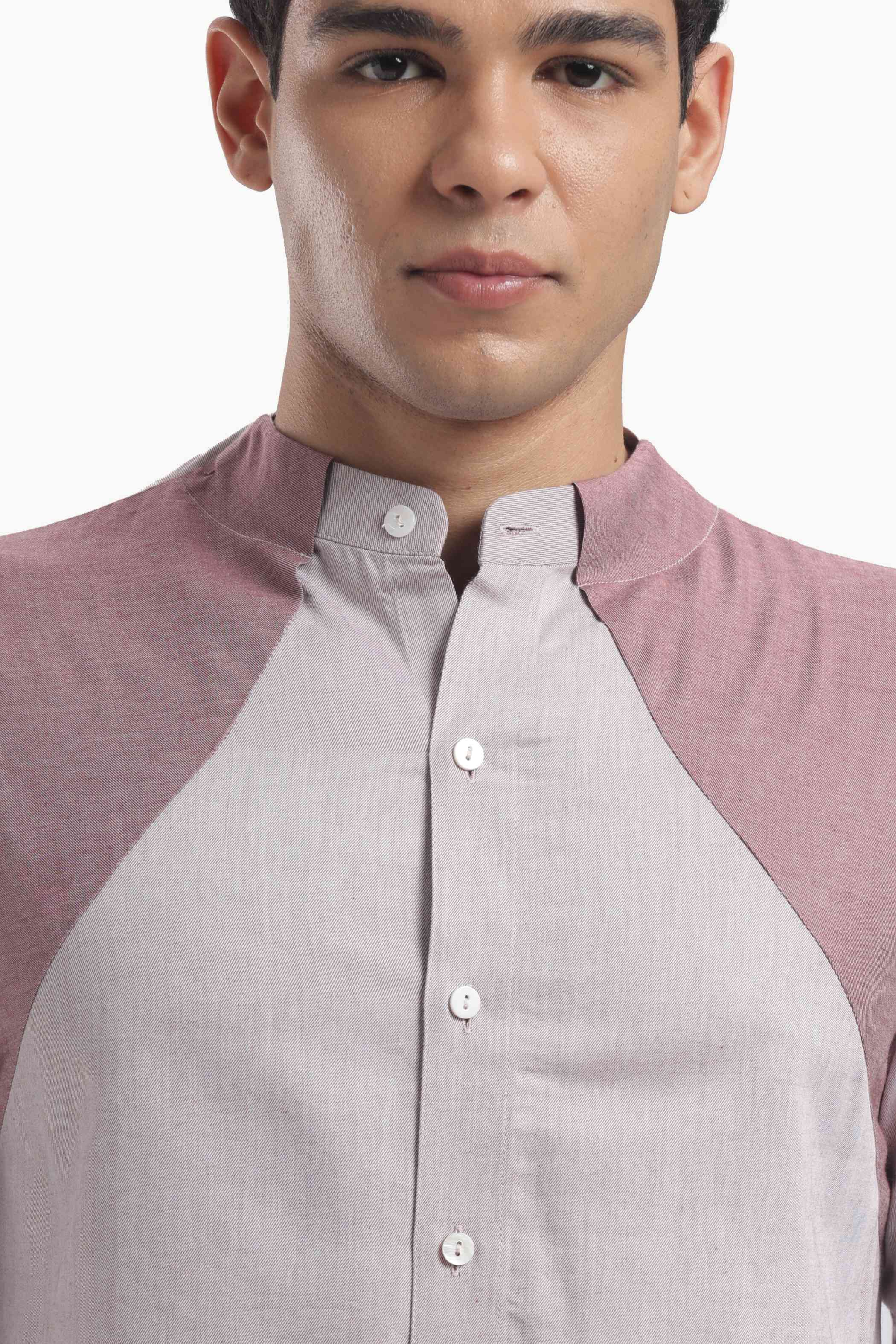 Muted Taupe Color Block Band Collar Shirt