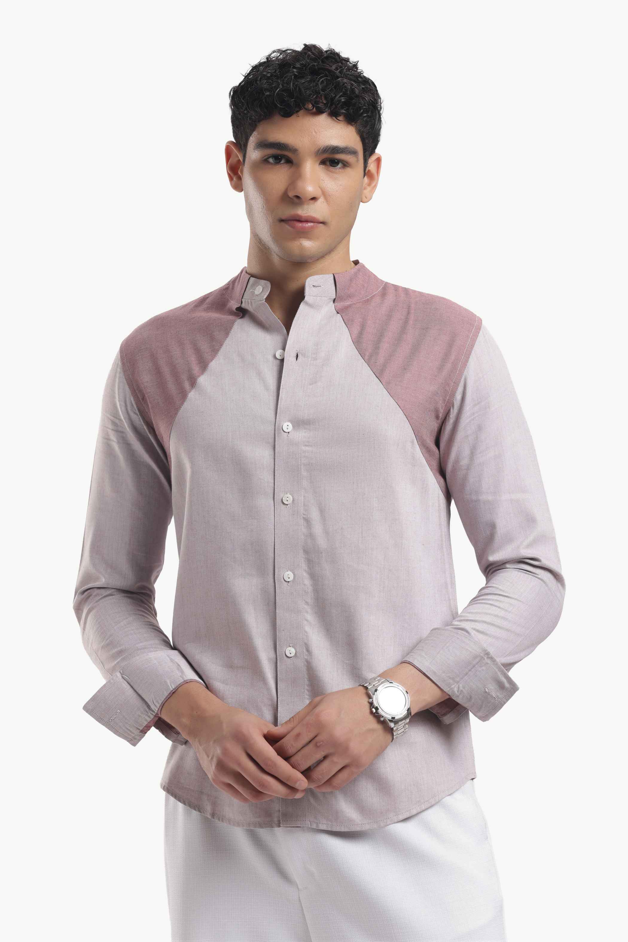 Muted Taupe Color Block Band Collar Shirt