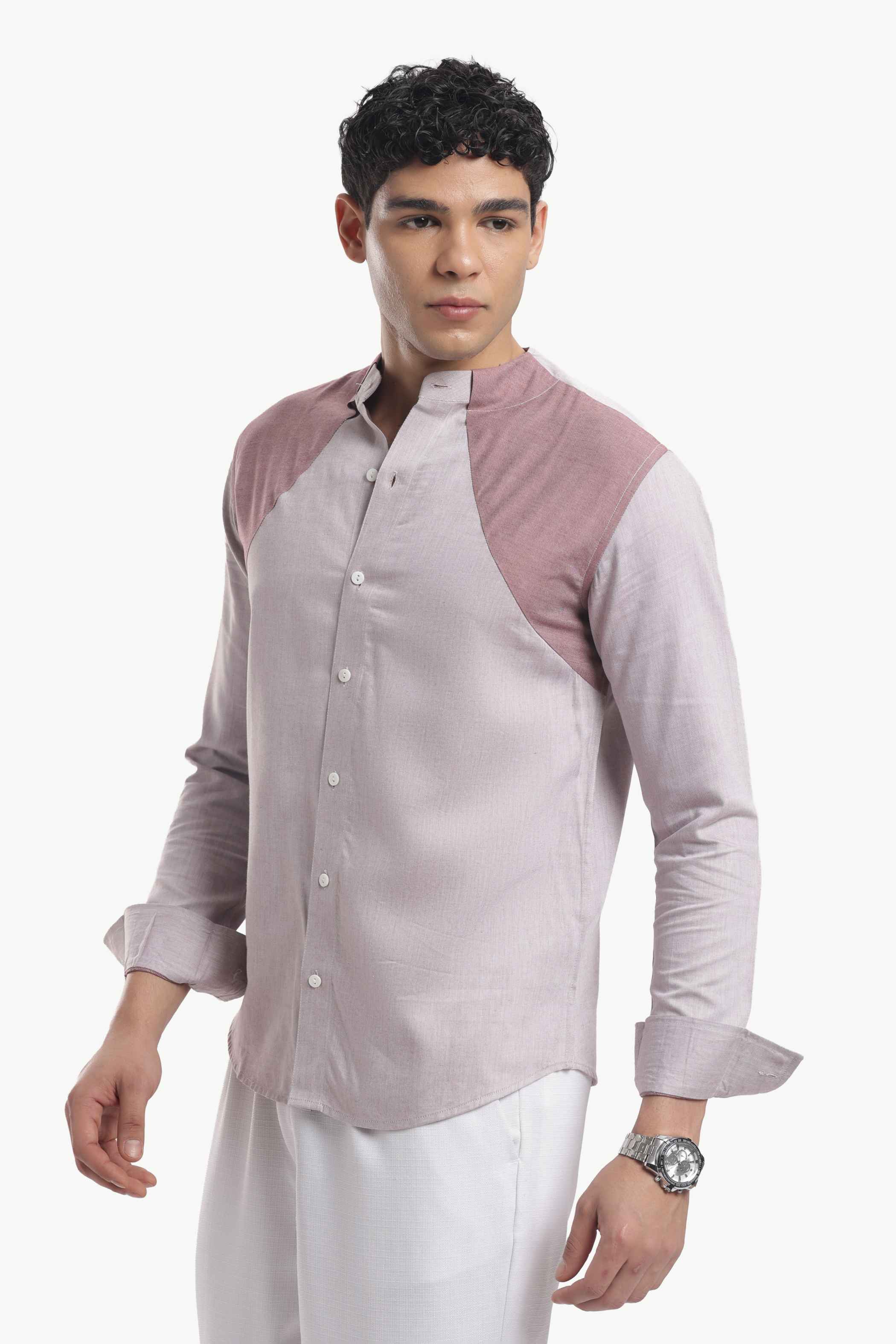Muted Taupe Color Block Band Collar Shirt