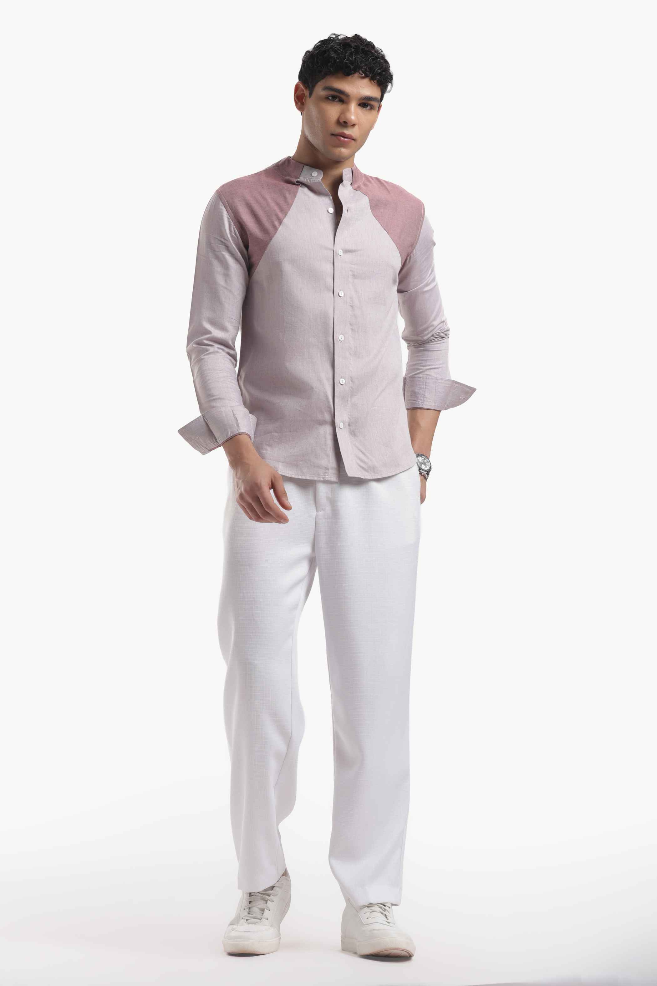 Muted Taupe Color Block Band Collar Shirt