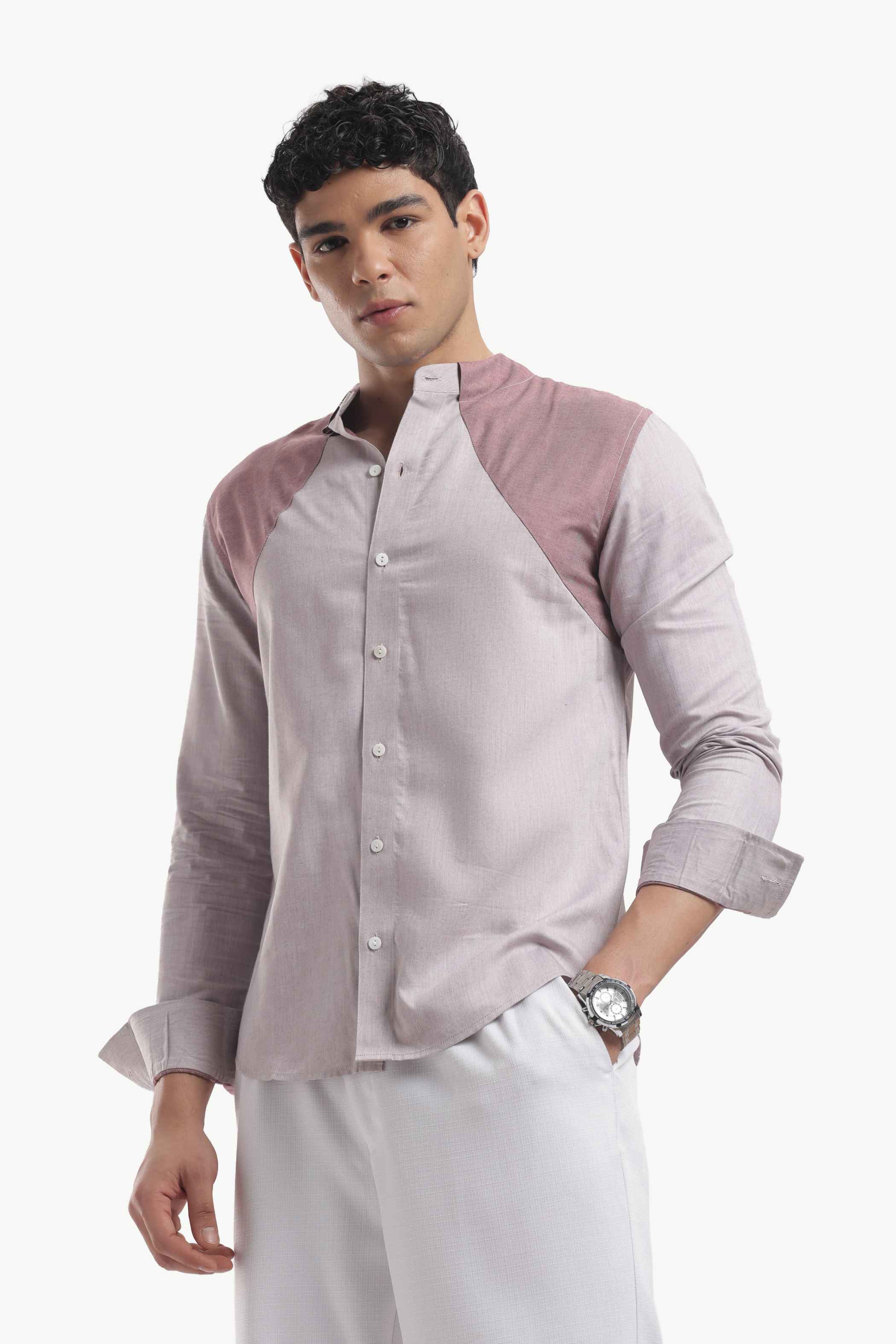 Muted Taupe Color Block Band Collar Shirt