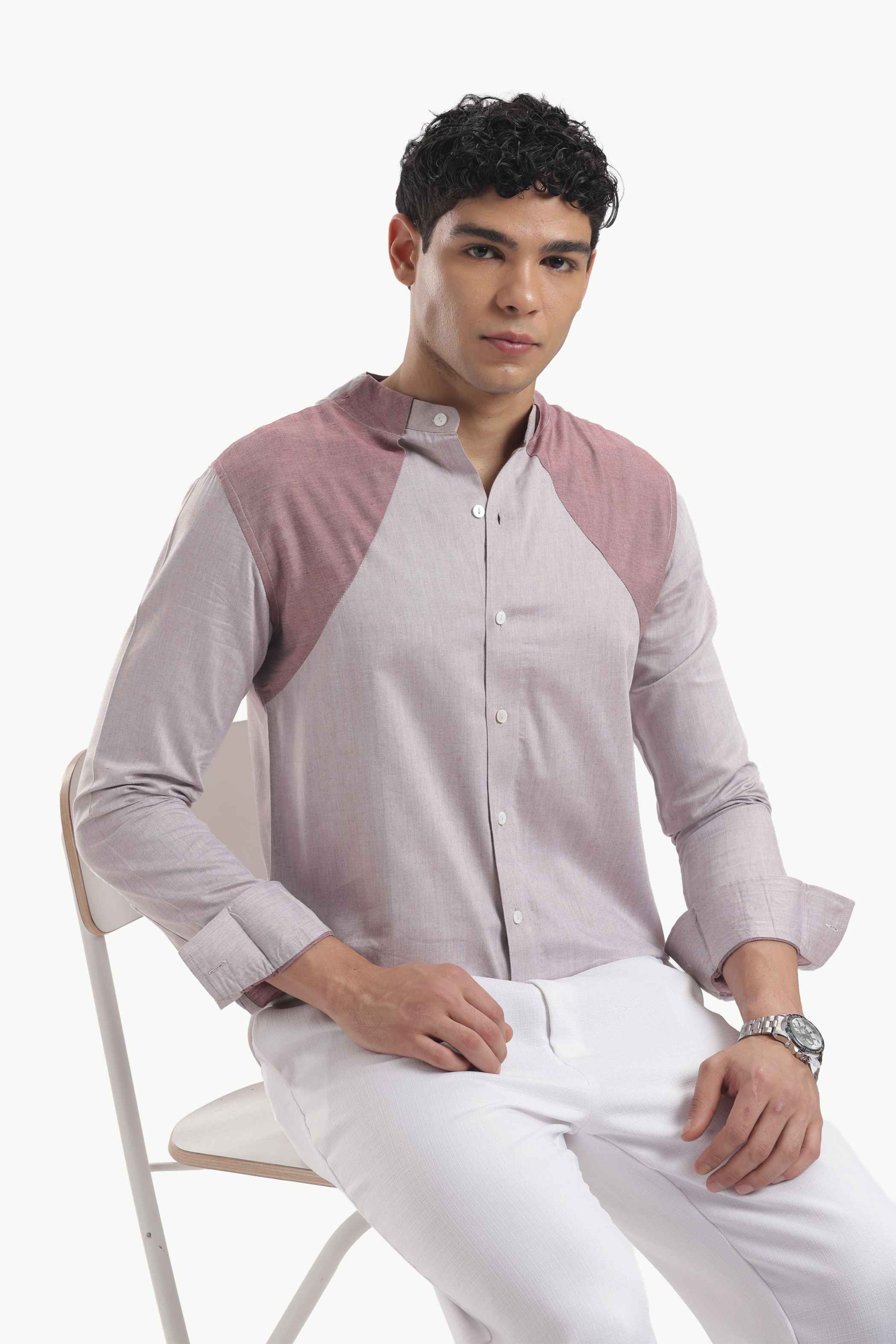 Muted Taupe Color Block Band Collar Shirt