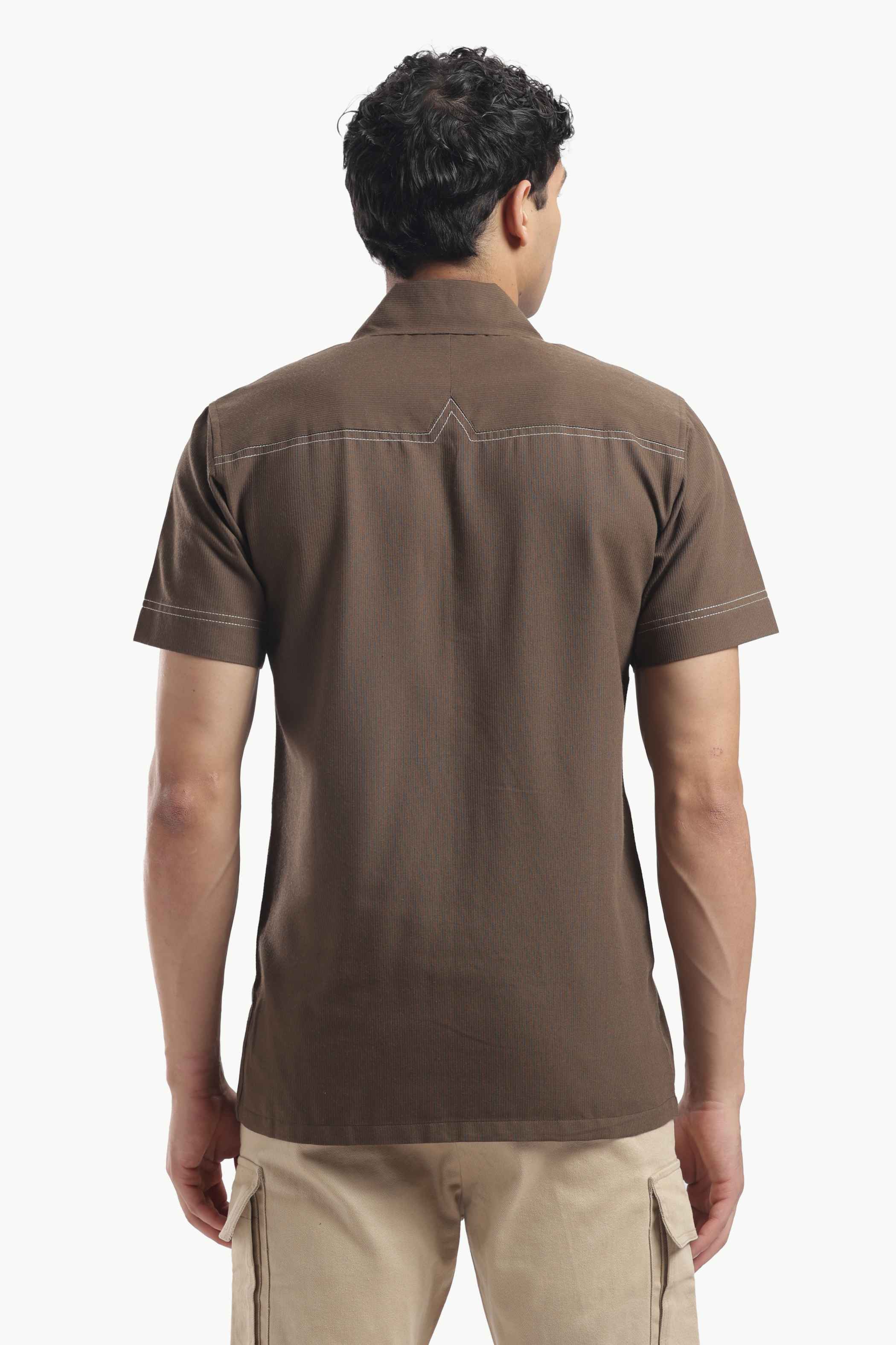 Brown Cuban Collar Short Sleeve Shirt