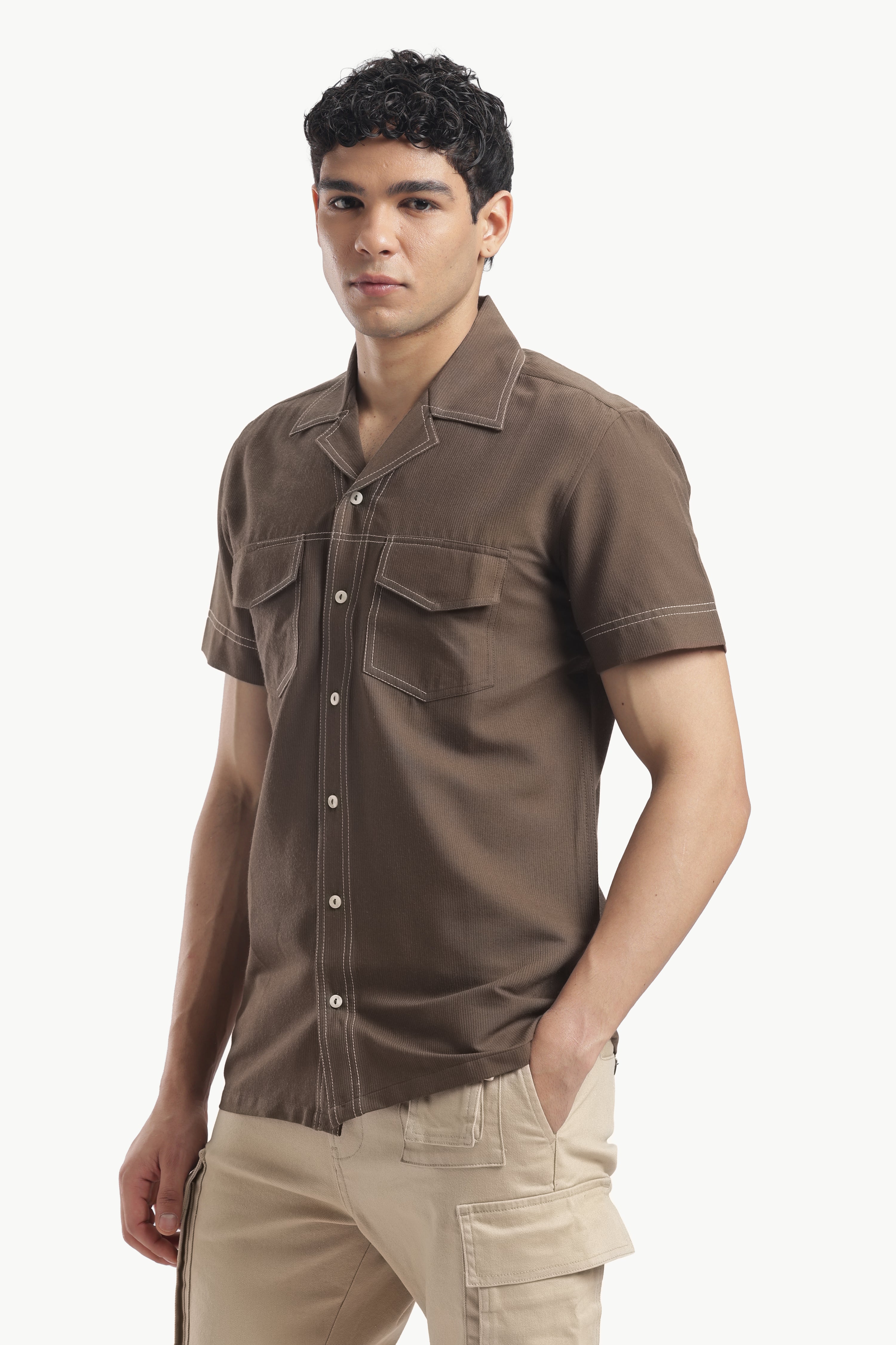 Brown Cuban Collar Short Sleeve Shirt