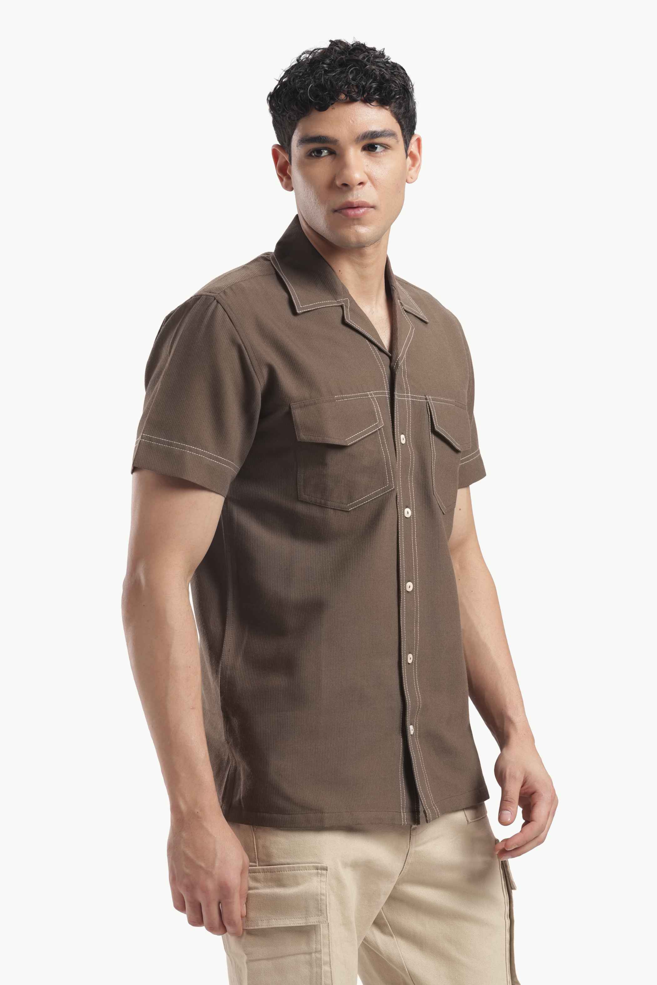 Brown Cuban Collar Short Sleeve Shirt
