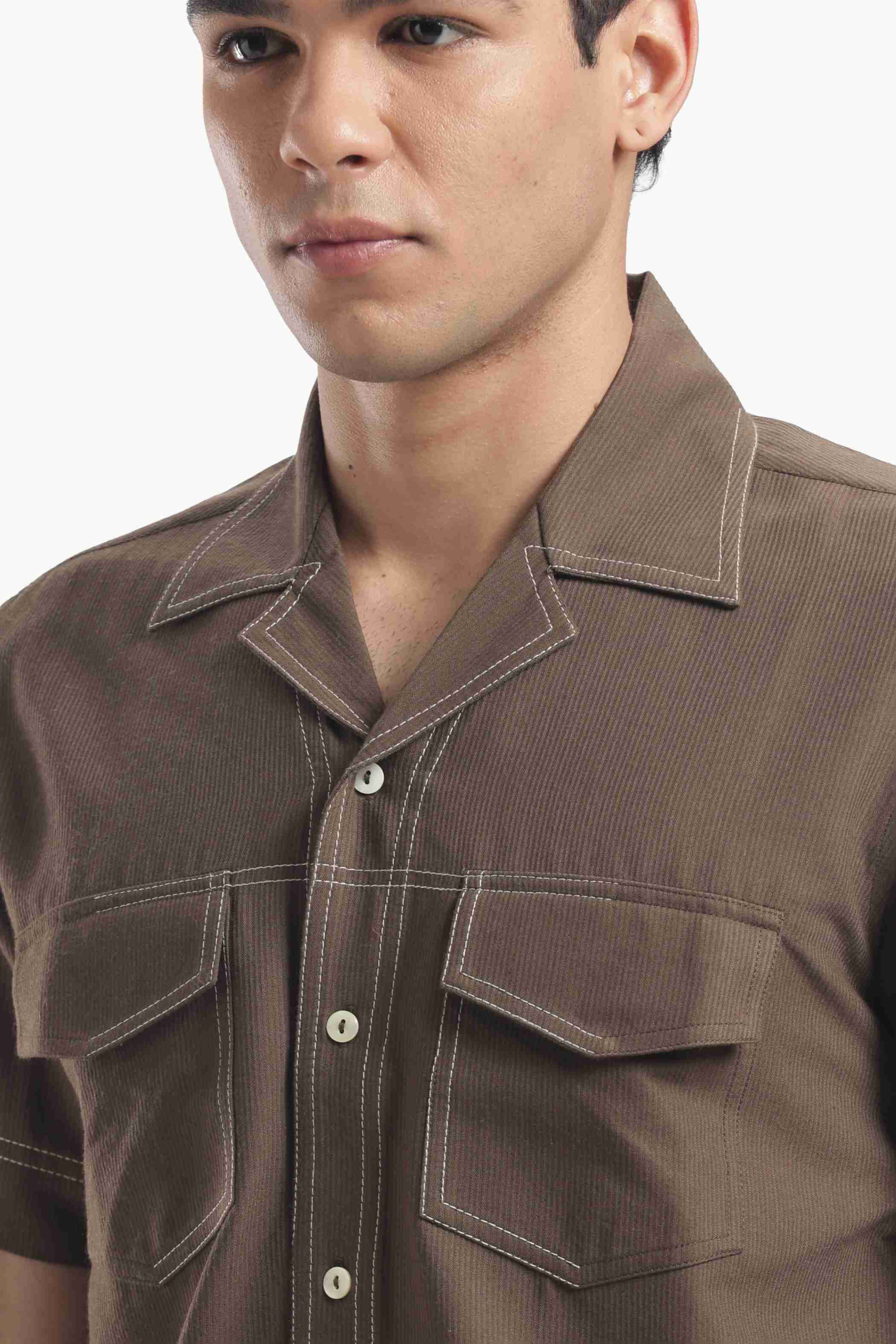 Brown Cuban Collar Short Sleeve Shirt