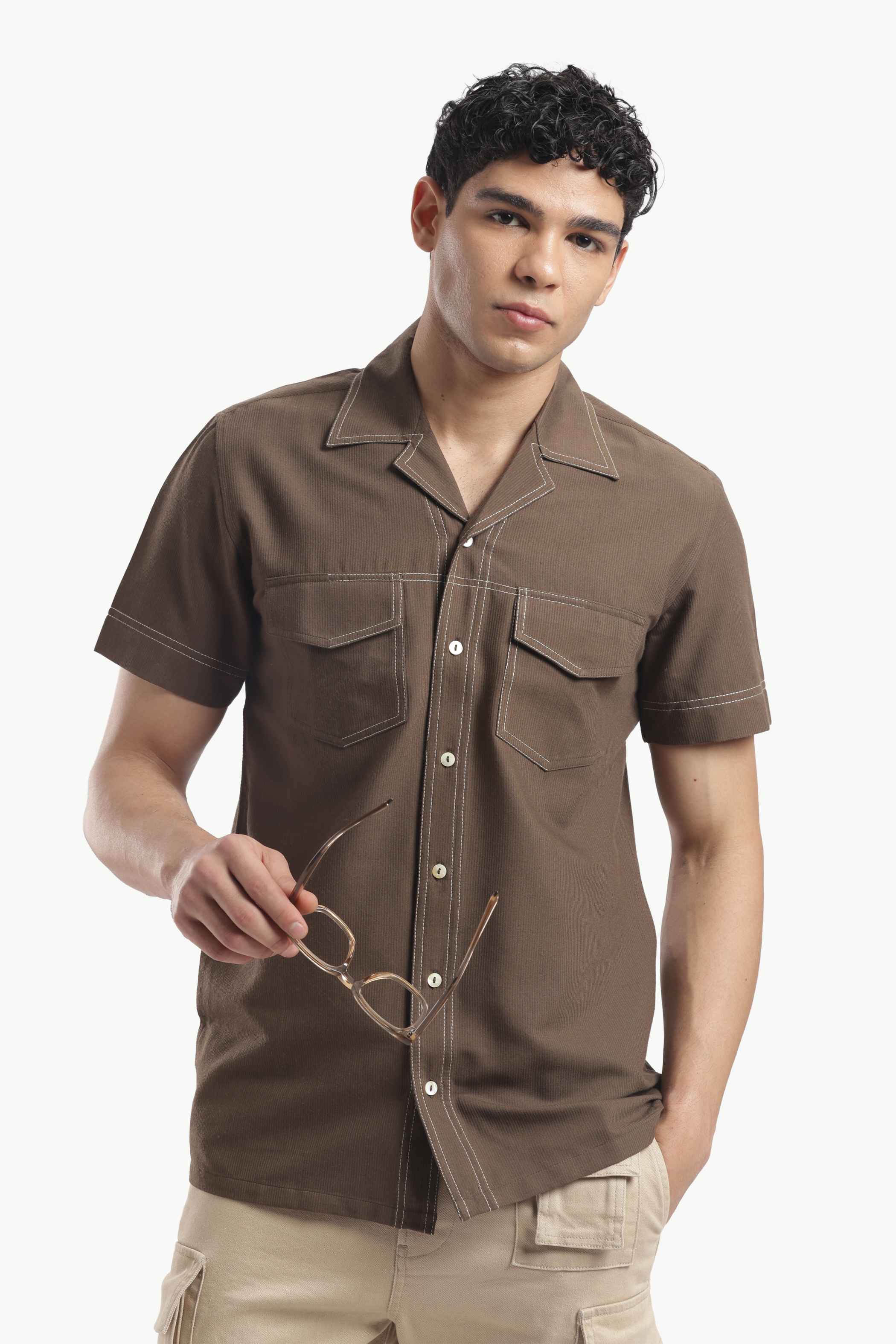 Brown Cuban Collar Short Sleeve Shirt