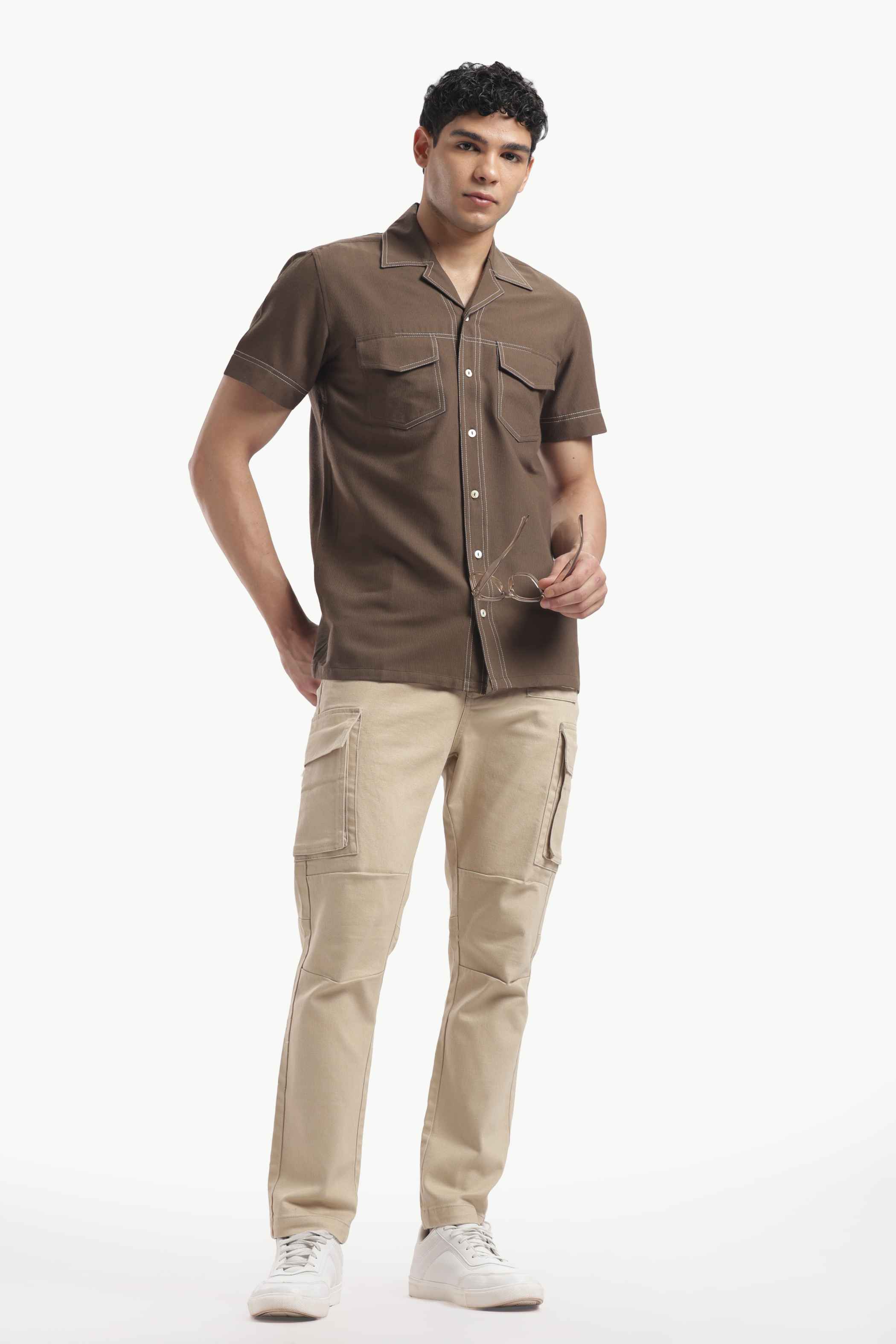 Brown Cuban Collar Short Sleeve Shirt