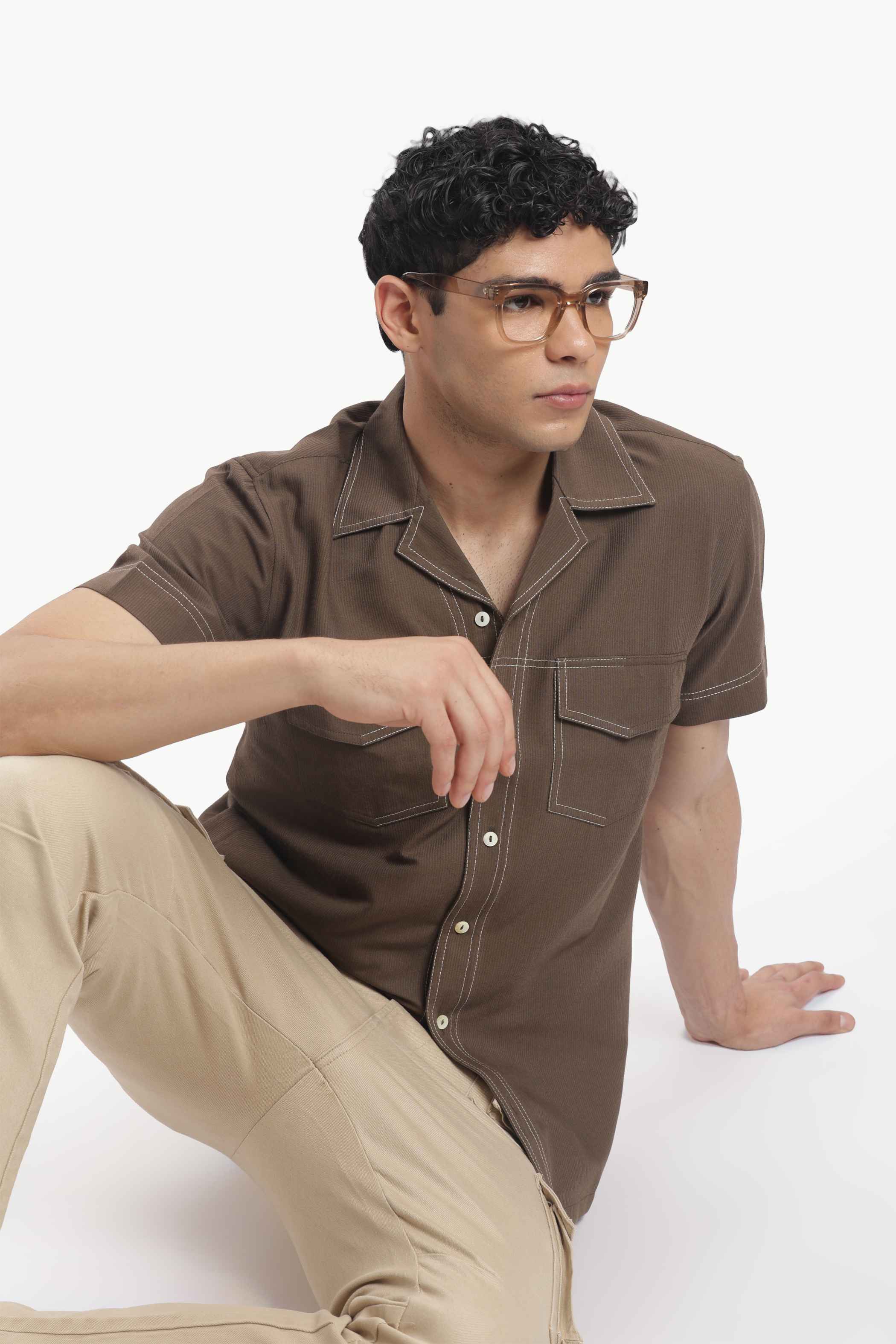 Brown Cuban Collar Short Sleeve Shirt
