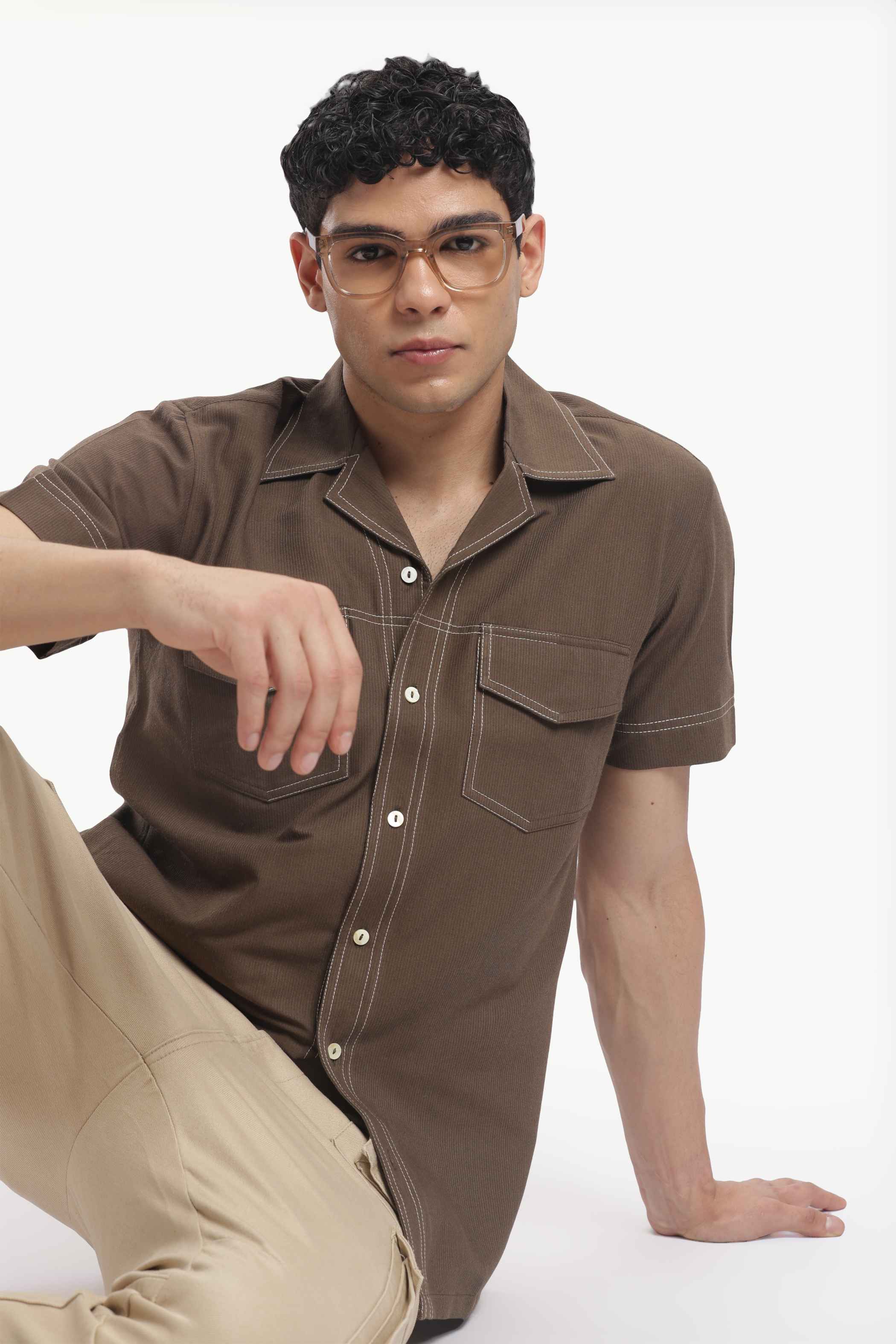 Brown Cuban Collar Short Sleeve Shirt