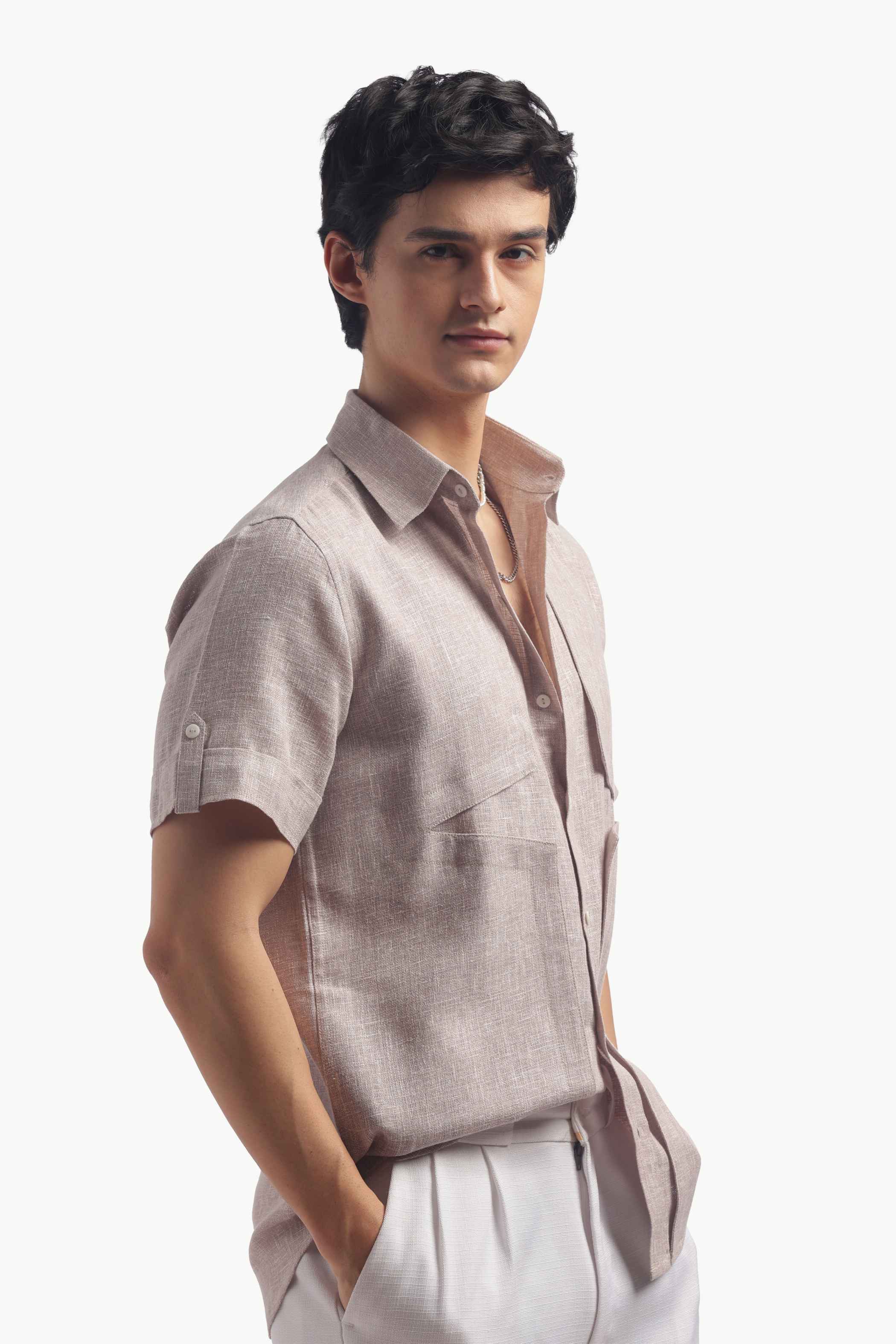 Taupe Short Sleeve Linen Shirt