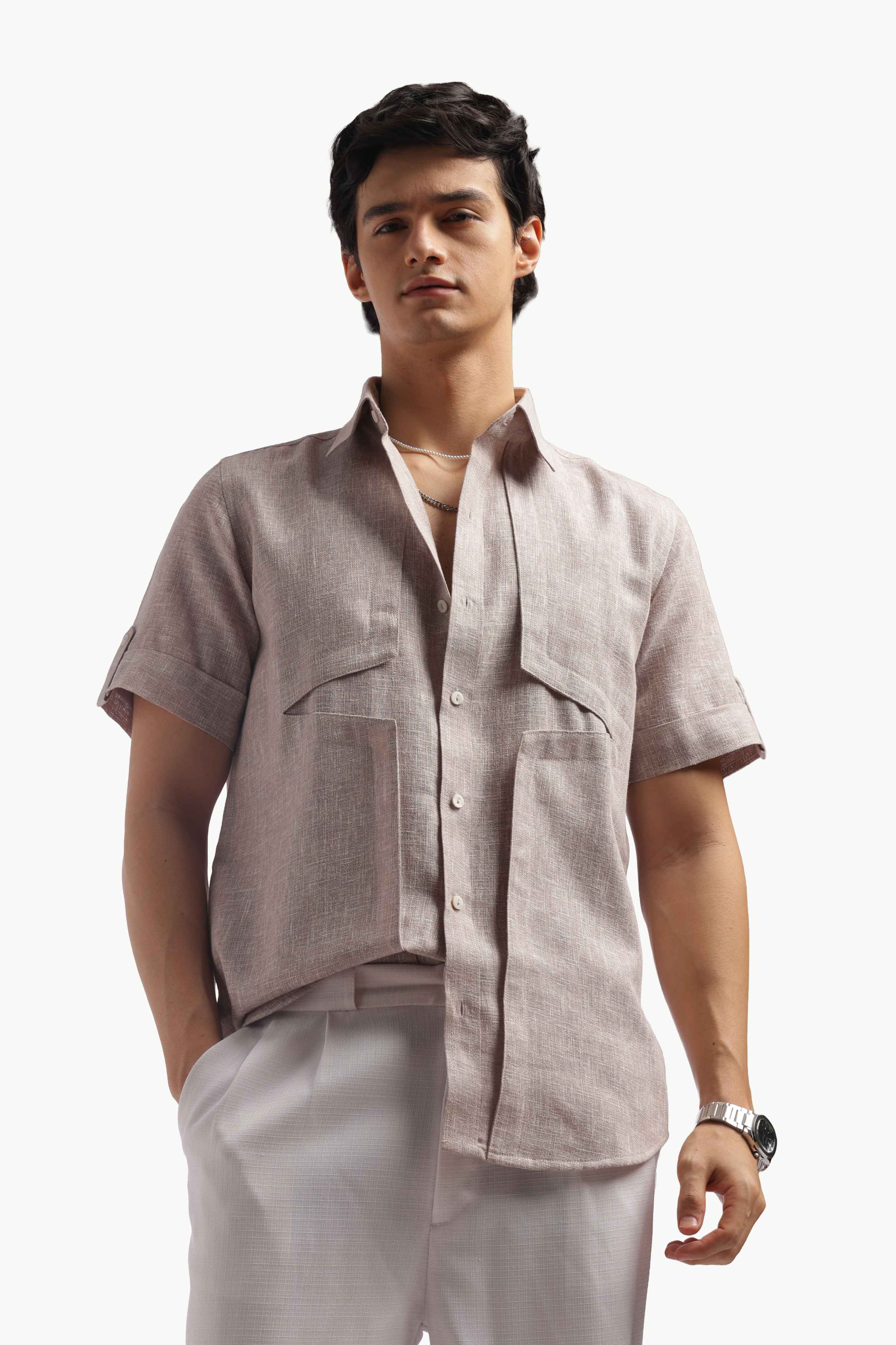 Taupe Short Sleeve Linen Shirt
