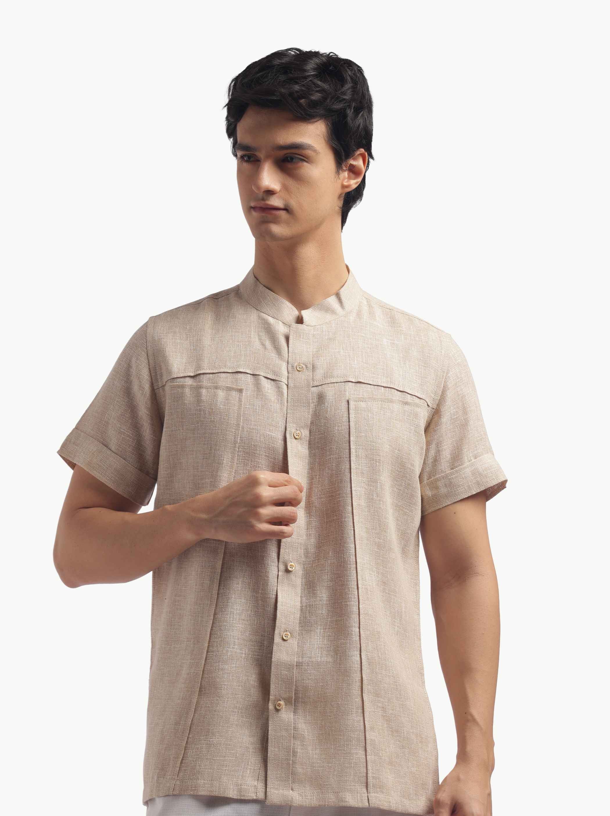Chinese Collar Short Sleeve Linen Shirt