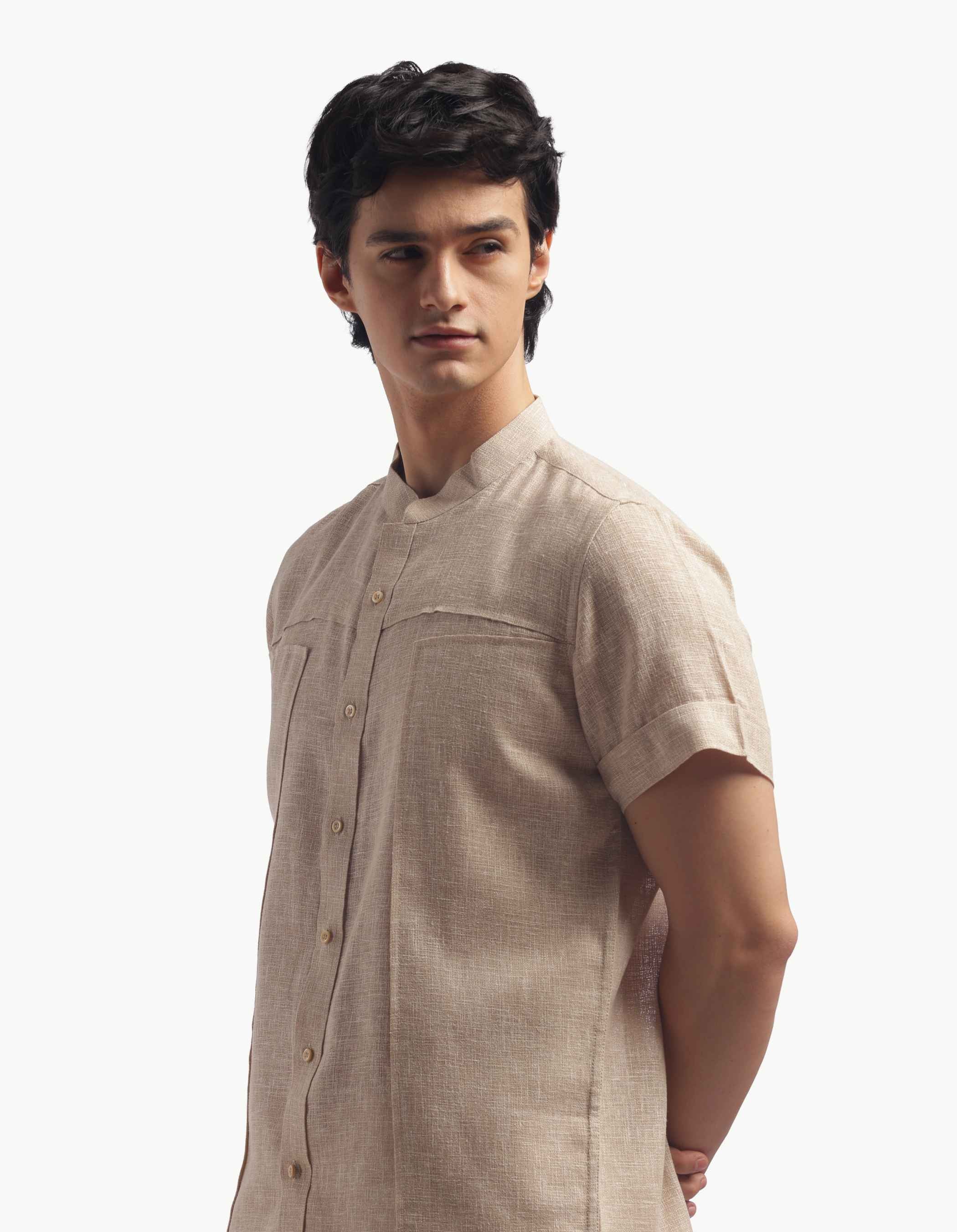Chinese Collar Short Sleeve Linen Shirt