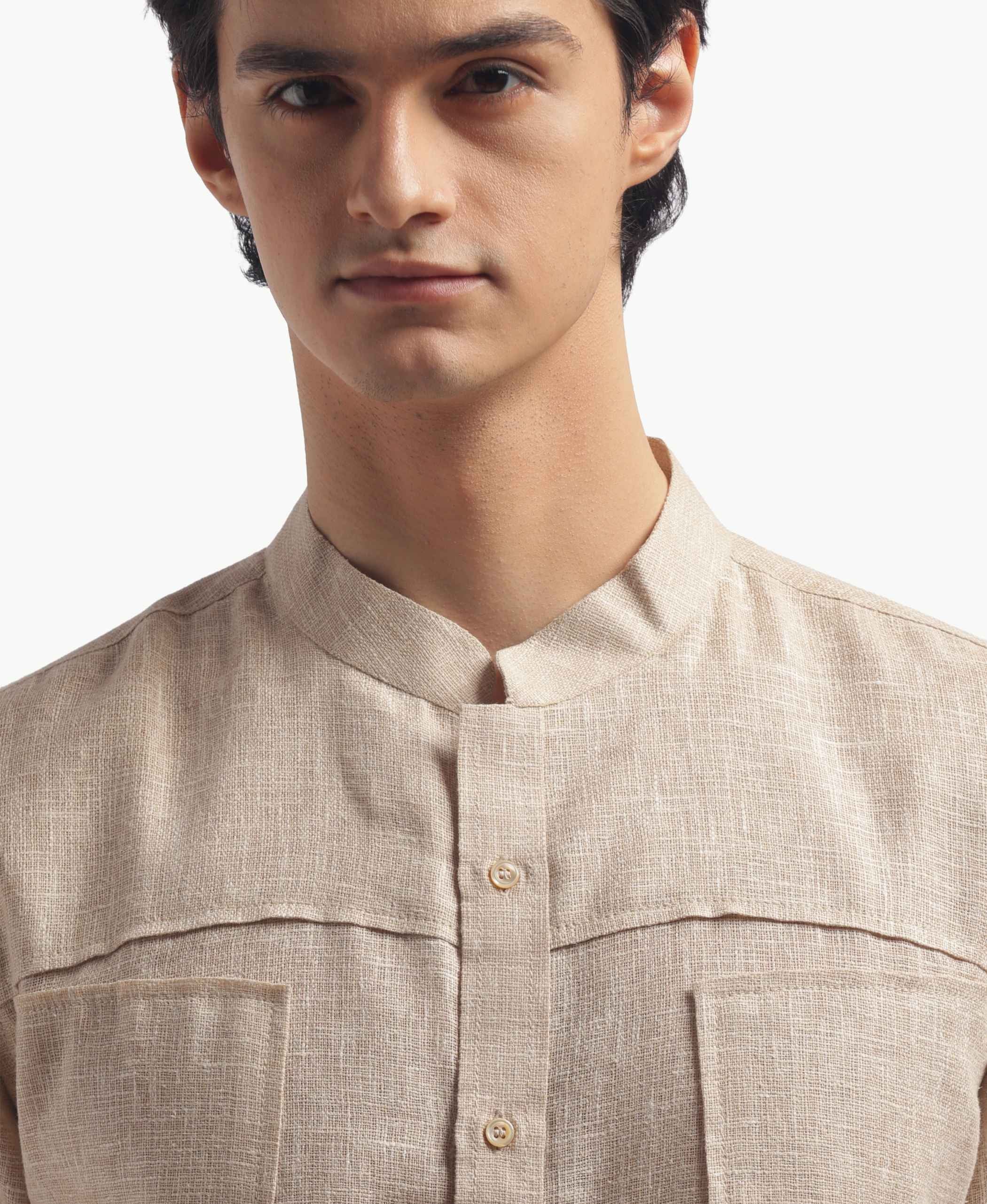 Chinese Collar Short Sleeve Linen Shirt