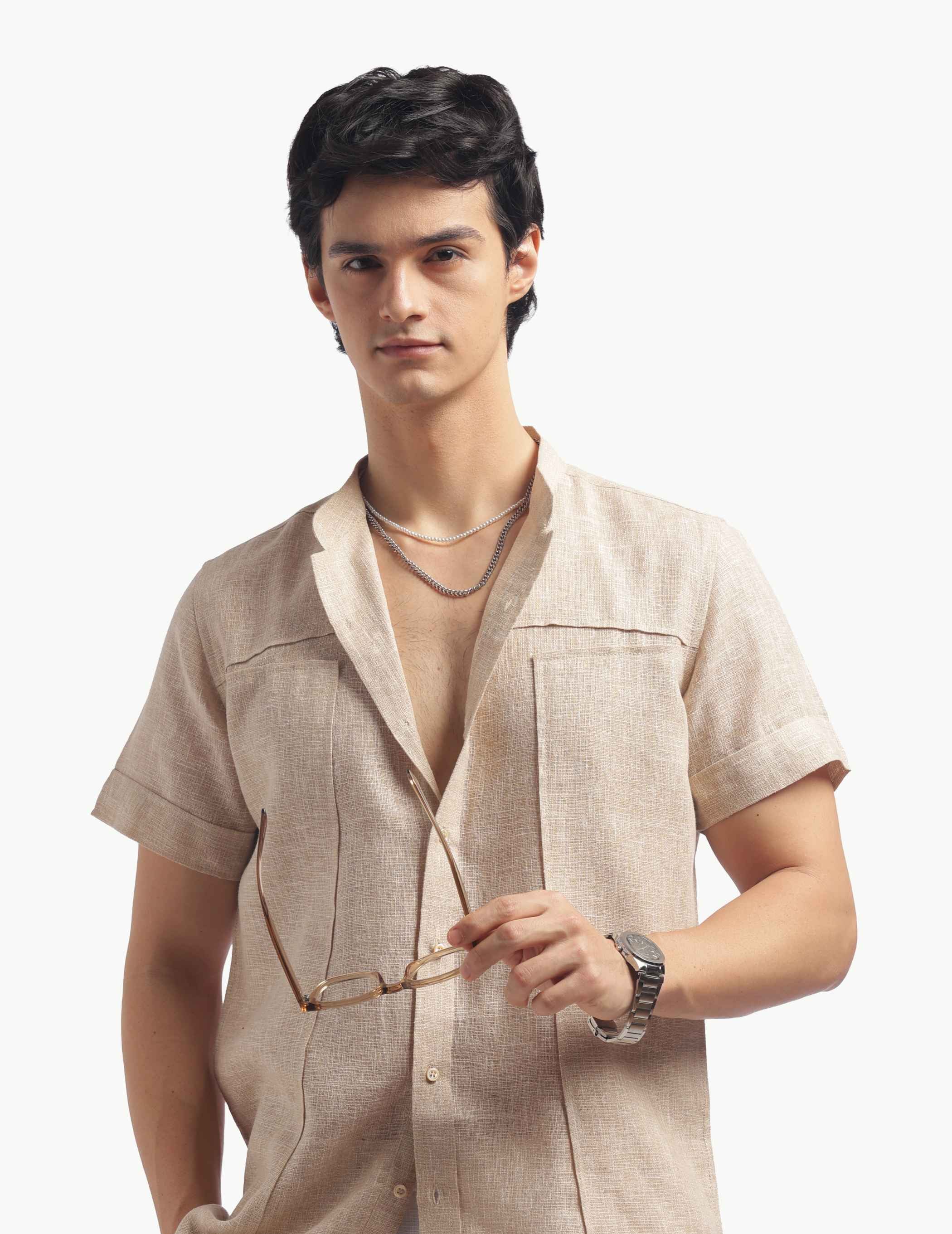 Chinese Collar Short Sleeve Linen Shirt