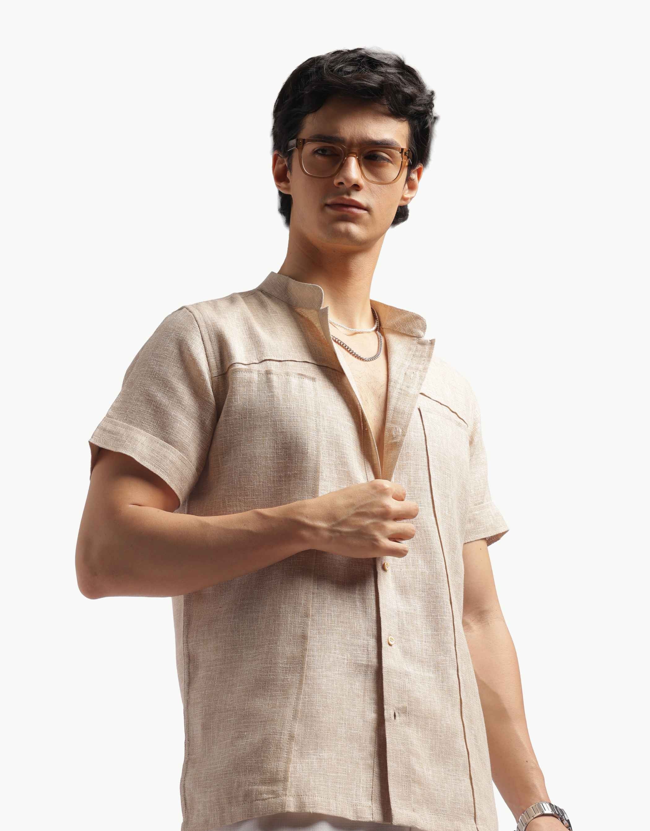 Chinese Collar Short Sleeve Linen Shirt