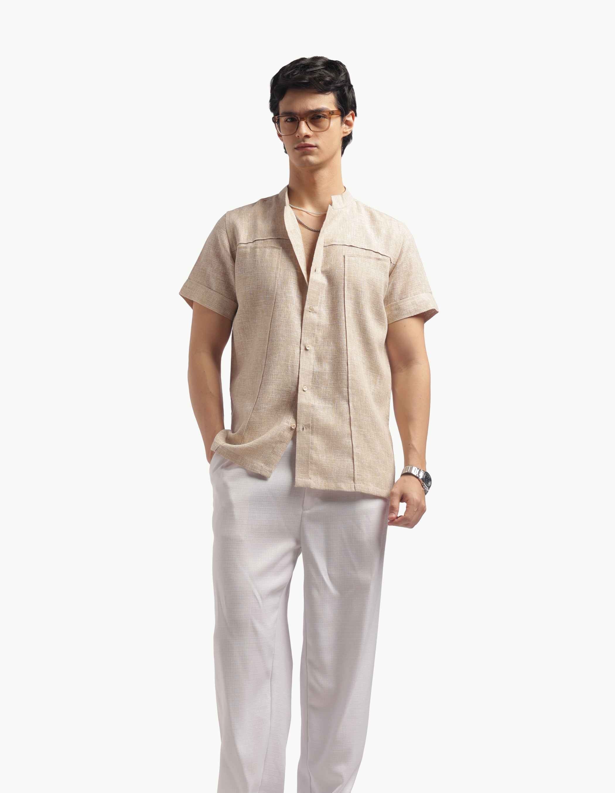 Chinese Collar Short Sleeve Linen Shirt