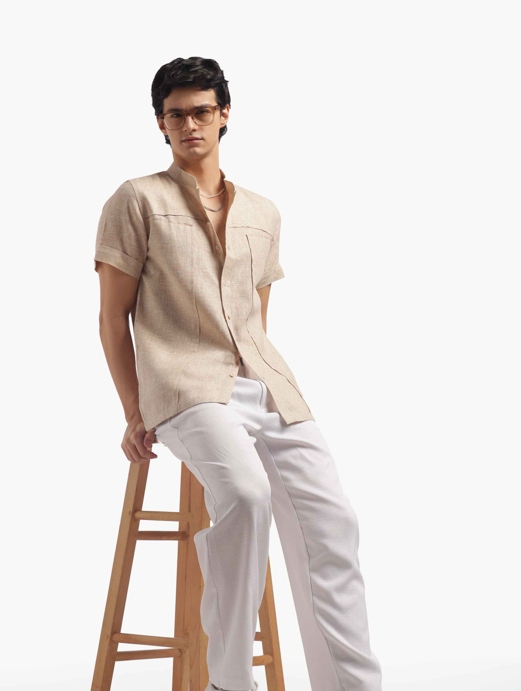 Chinese Collar Short Sleeve Linen Shirt