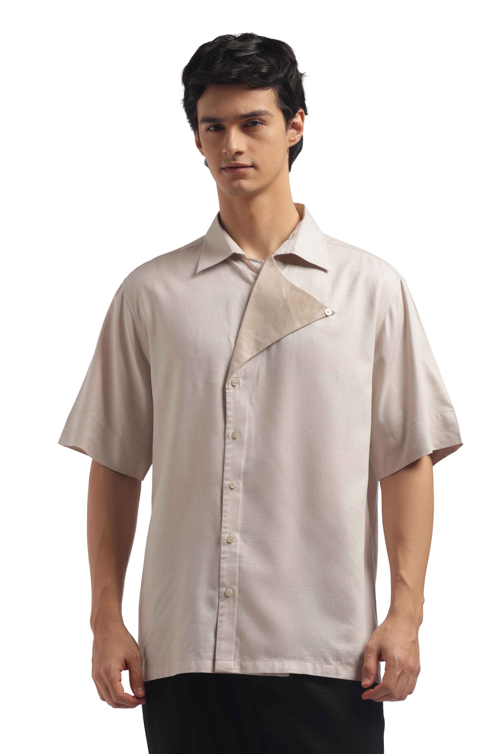 Light Beige Loose Fit Short Sleeve Shirt