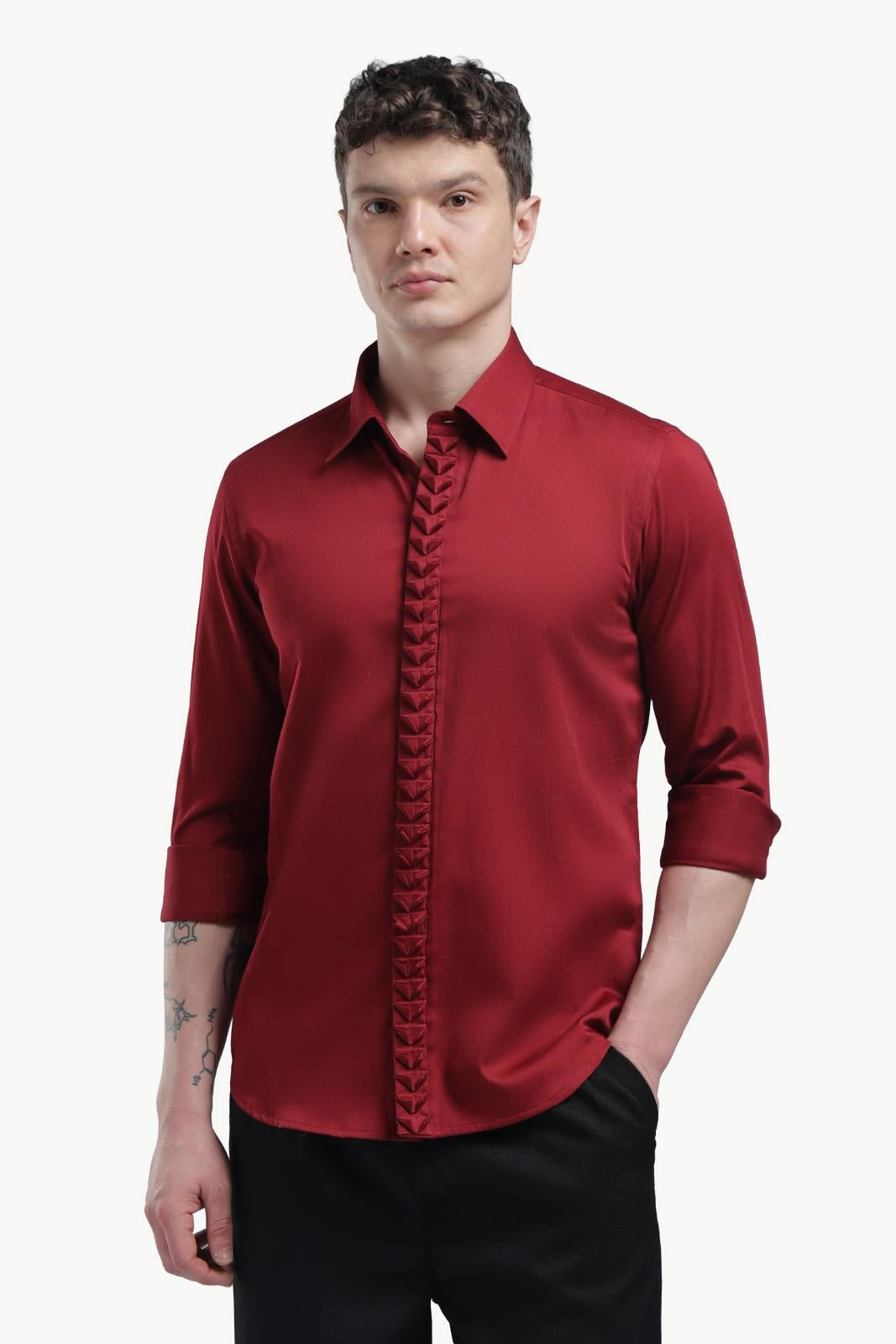 Maroon Placket Design Shirt – Premium Solid Shirt for Men