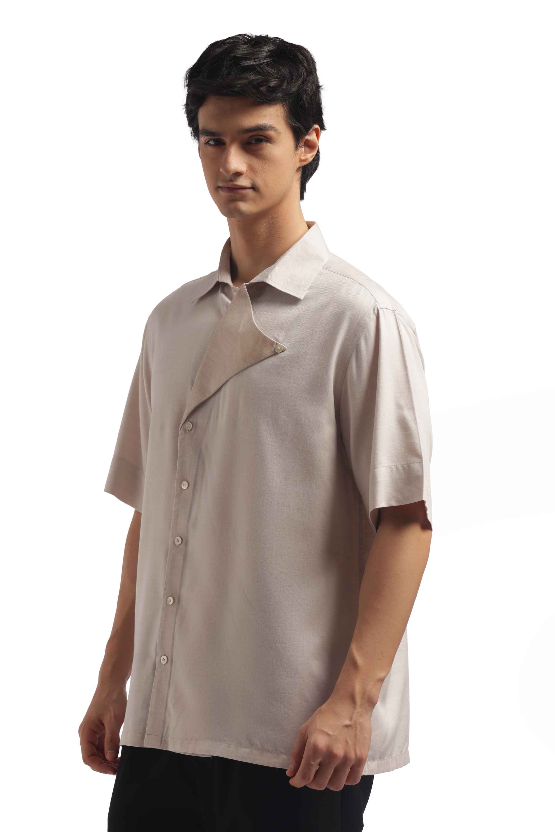 Light Beige Loose Fit Short Sleeve Shirt
