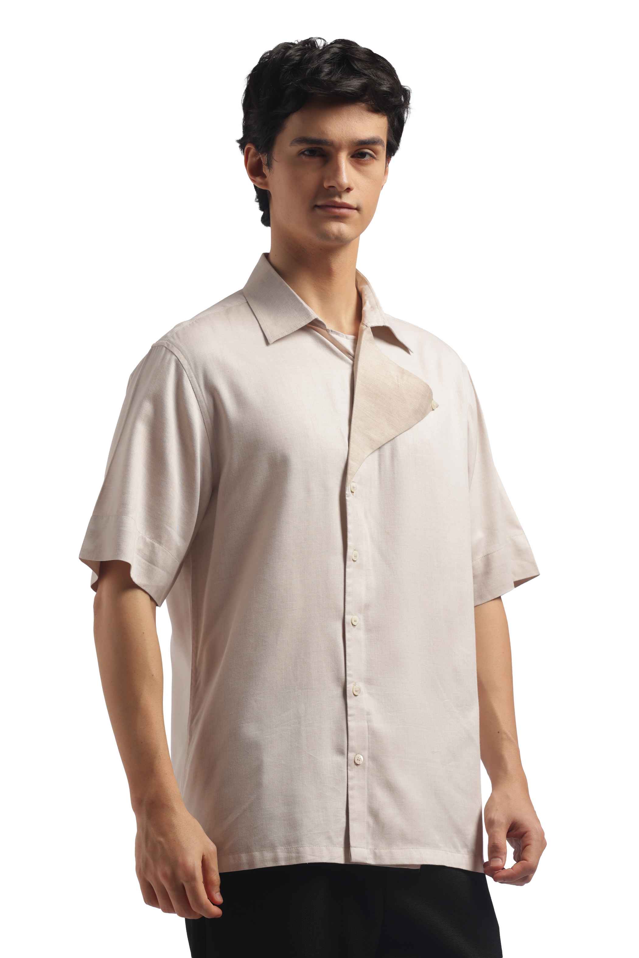 Light Beige Loose Fit Short Sleeve Shirt