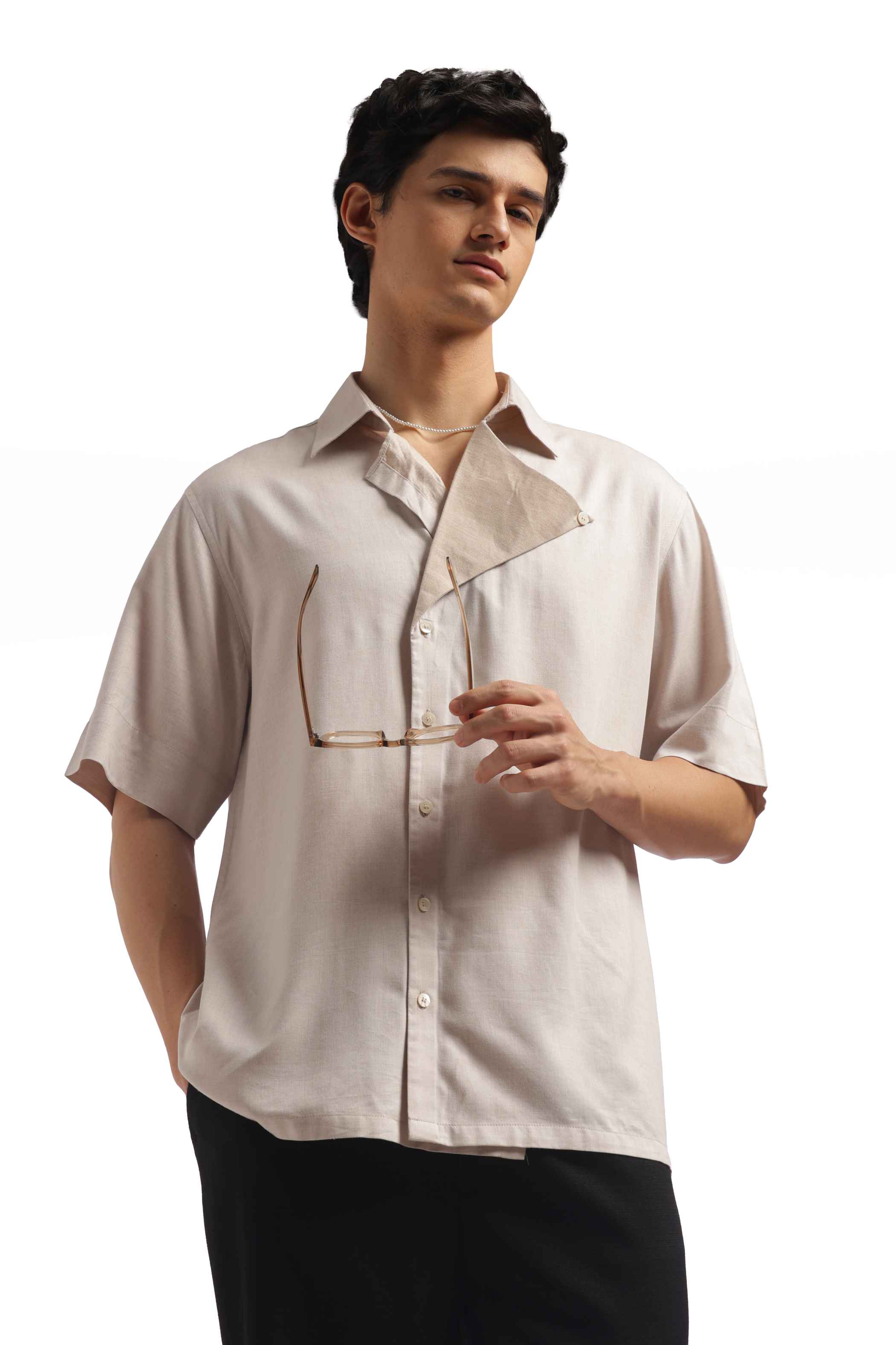 Light Beige Loose Fit Short Sleeve Shirt