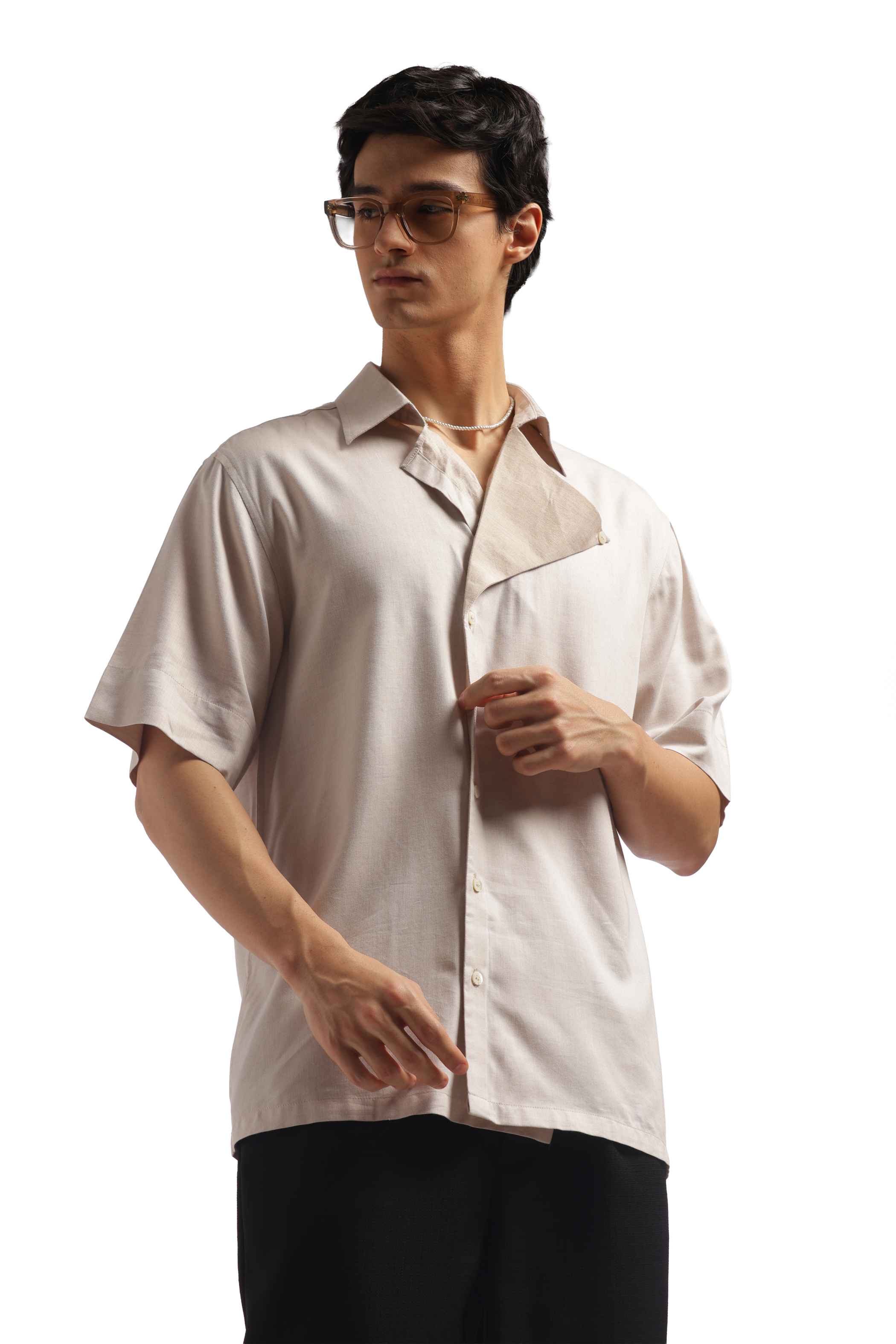 Light Beige Loose Fit Short Sleeve Shirt